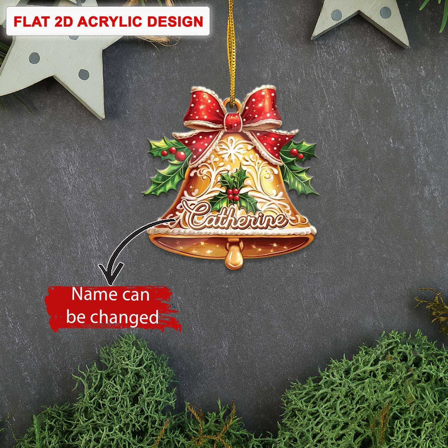 Personalized 2D Bell And Red Bow Christmas Ornament