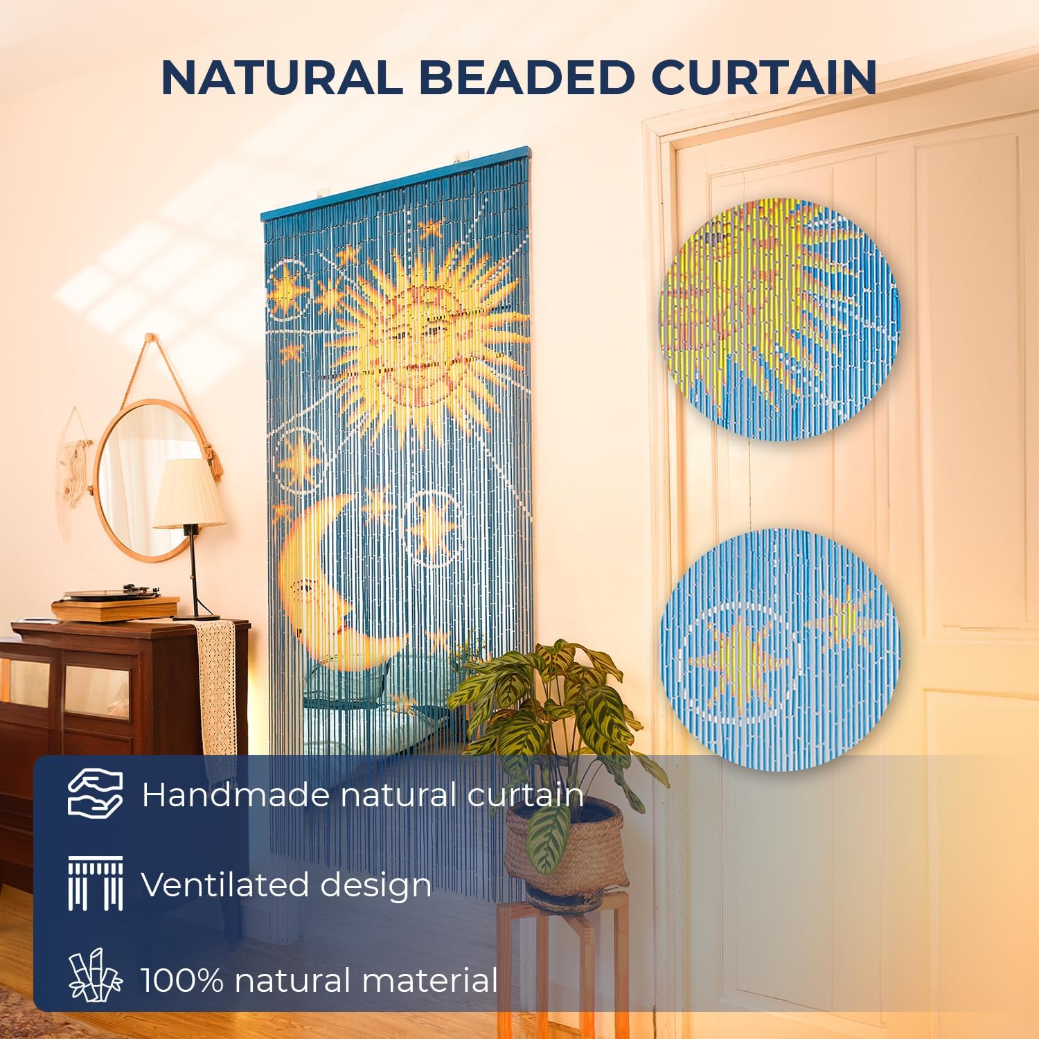 Moon Sun Beaded Wooden Curtain - Handcrafted for Boho Style