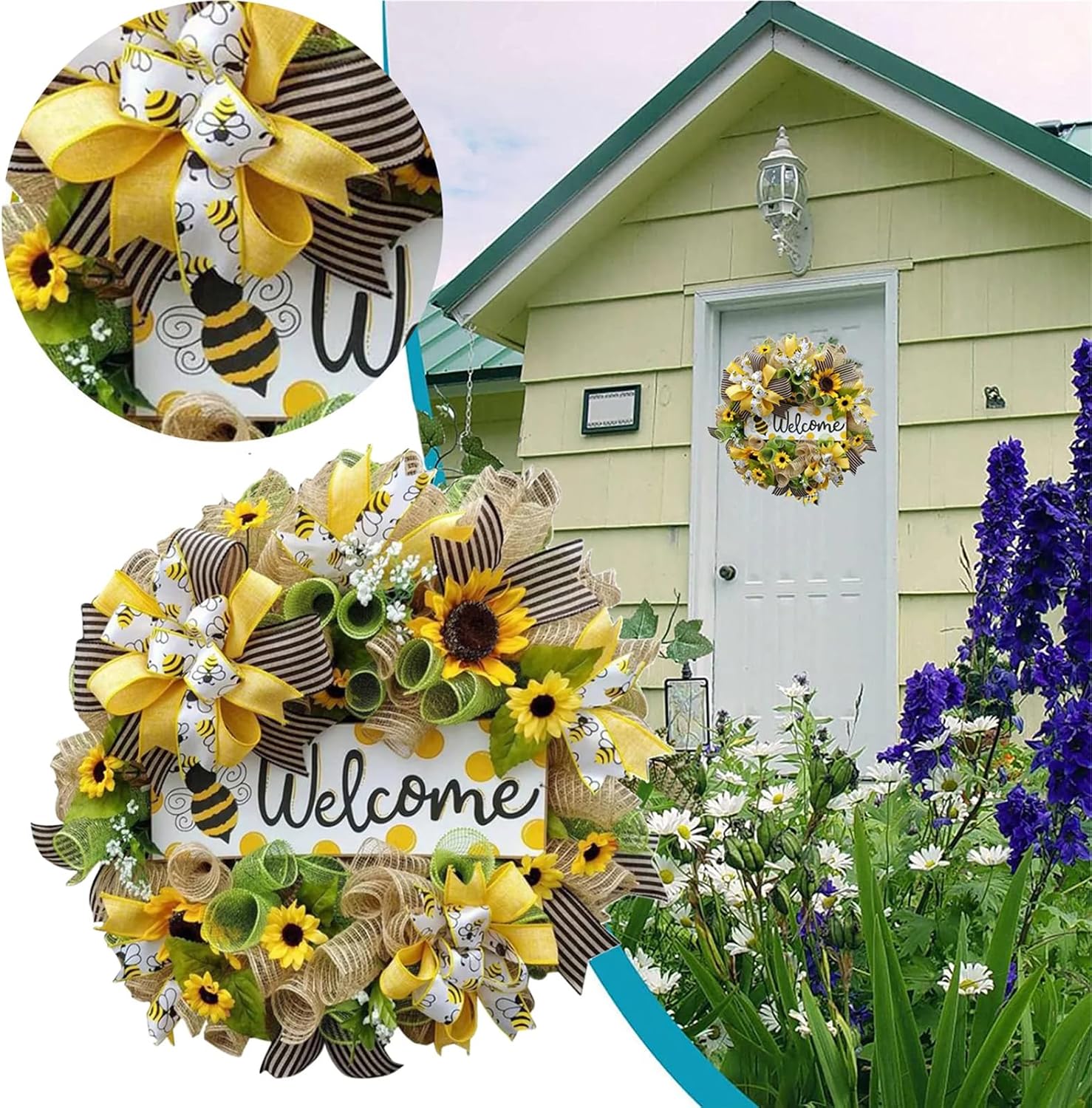 Summer Bee Wreath for Front Door Welcome Decor