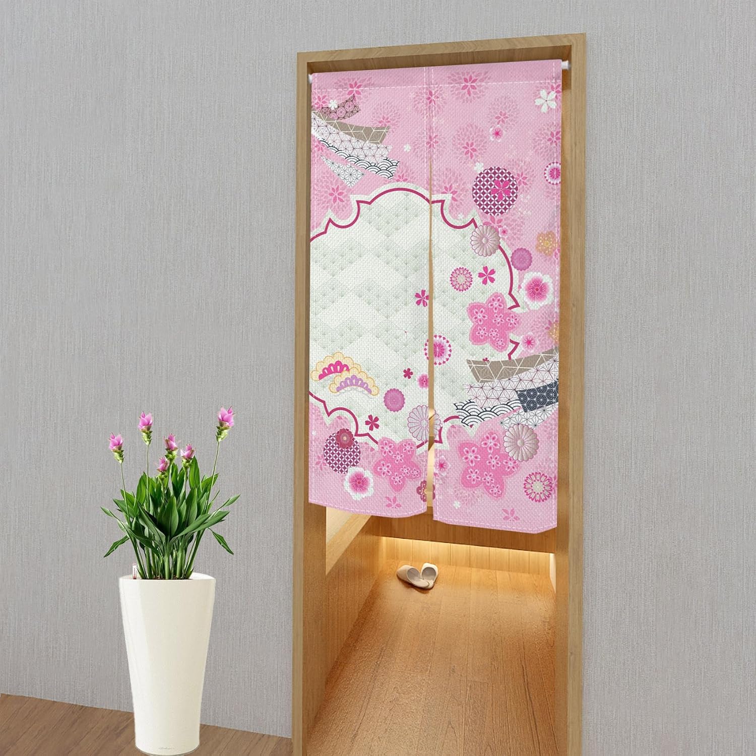 Traditional Japanese Noren Curtain Pink Flowers 335x709 Inch