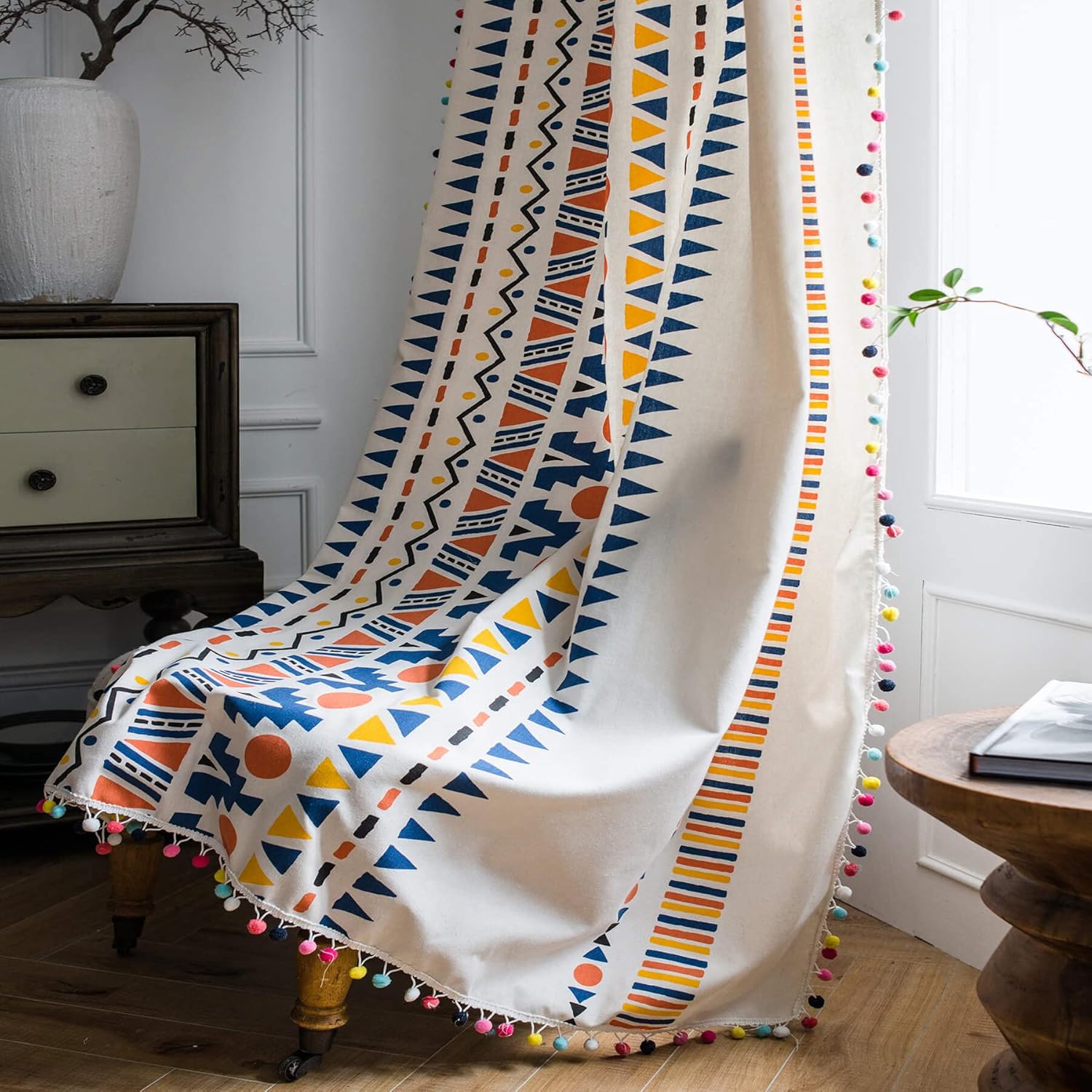 VOGOL Cotton Linen Pom Pom Tasseled Curtains 59x79 Inches