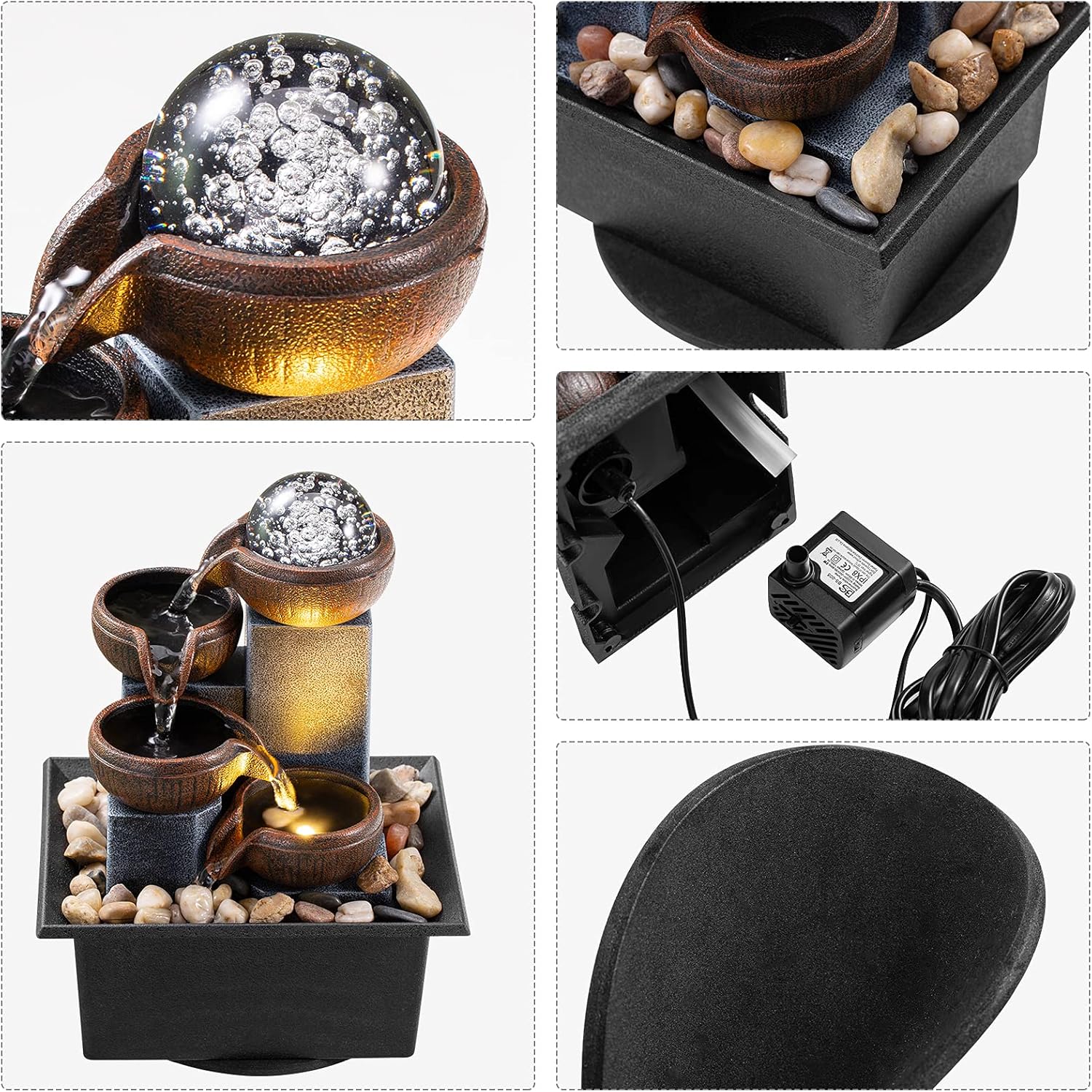 AMOOTEK Tabletop Fountain 4 Level Waterfall with LED Lights and Natural River Rocks