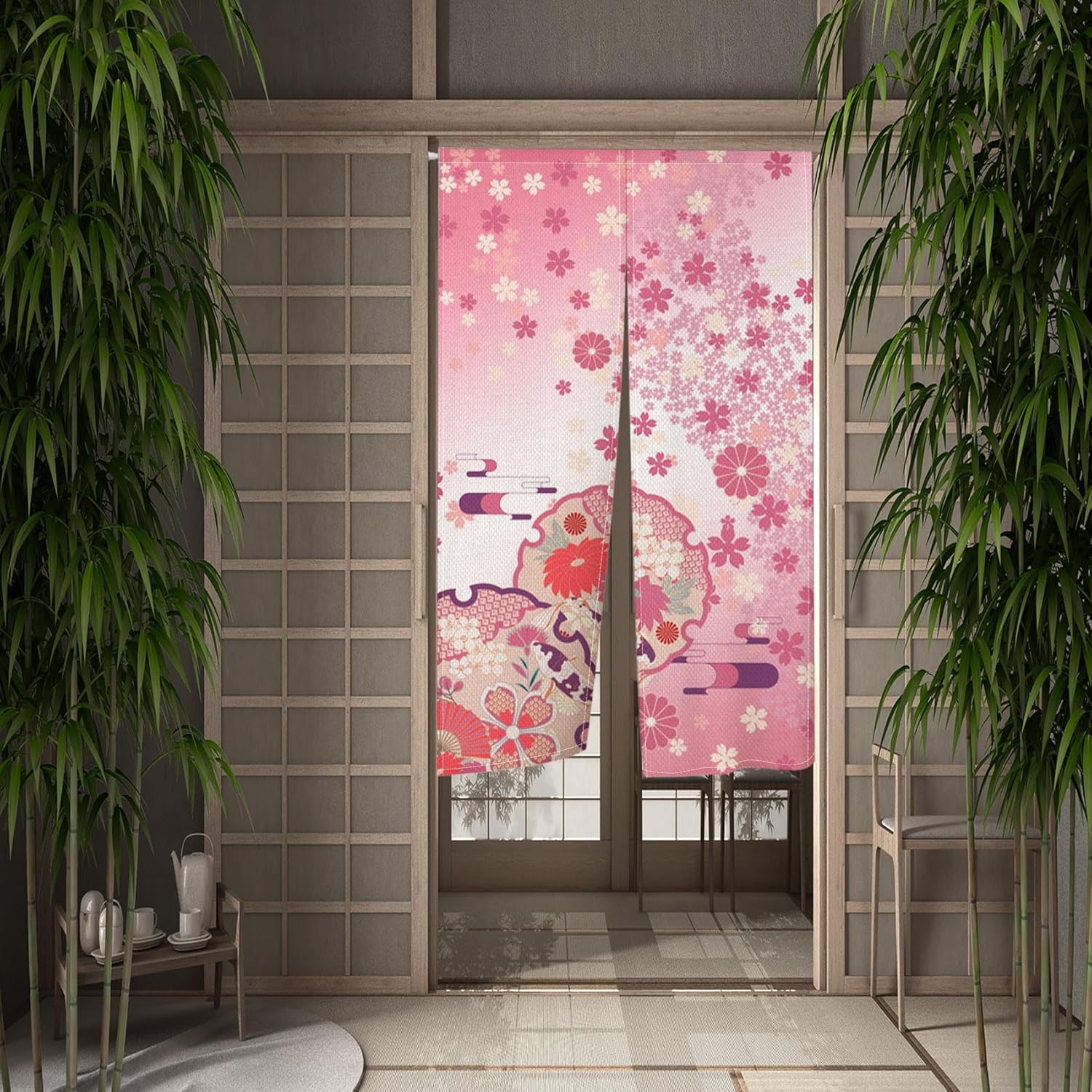 Japanese Pink Bloomy Flower Door Curtain Panel
