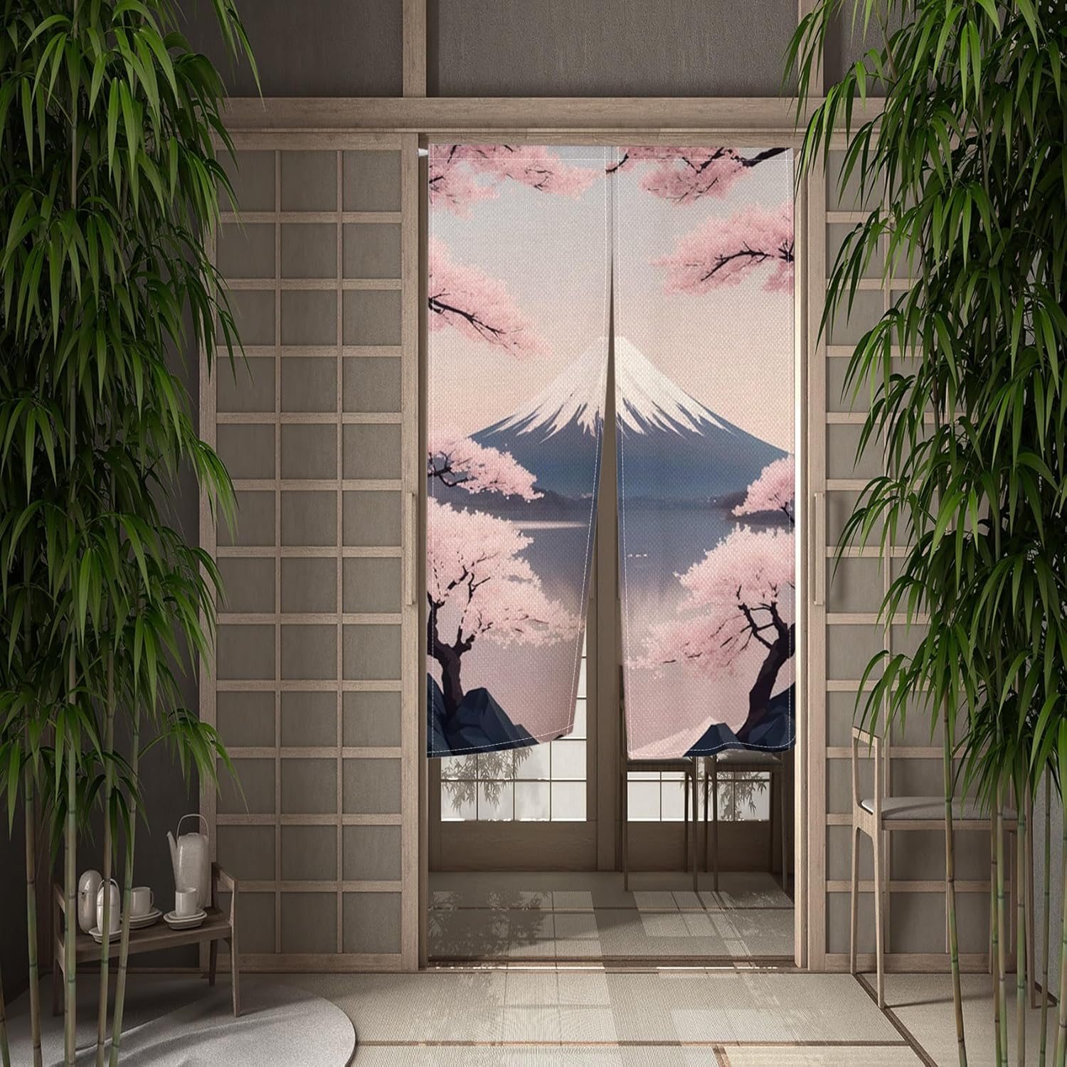 Leowefowa Japanese Noren Door Curtain Panel Fuji Mountain Pink