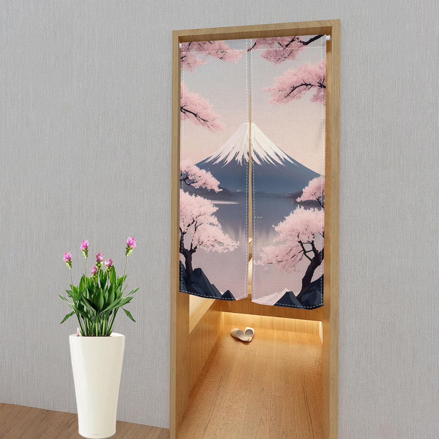 Leowefowa Japanese Noren Door Curtain Panel Fuji Mountain Pink