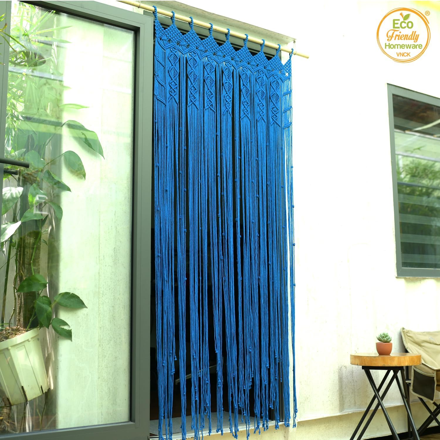 Boho Macrame Curtain with Beads - 77 x 35 Blue