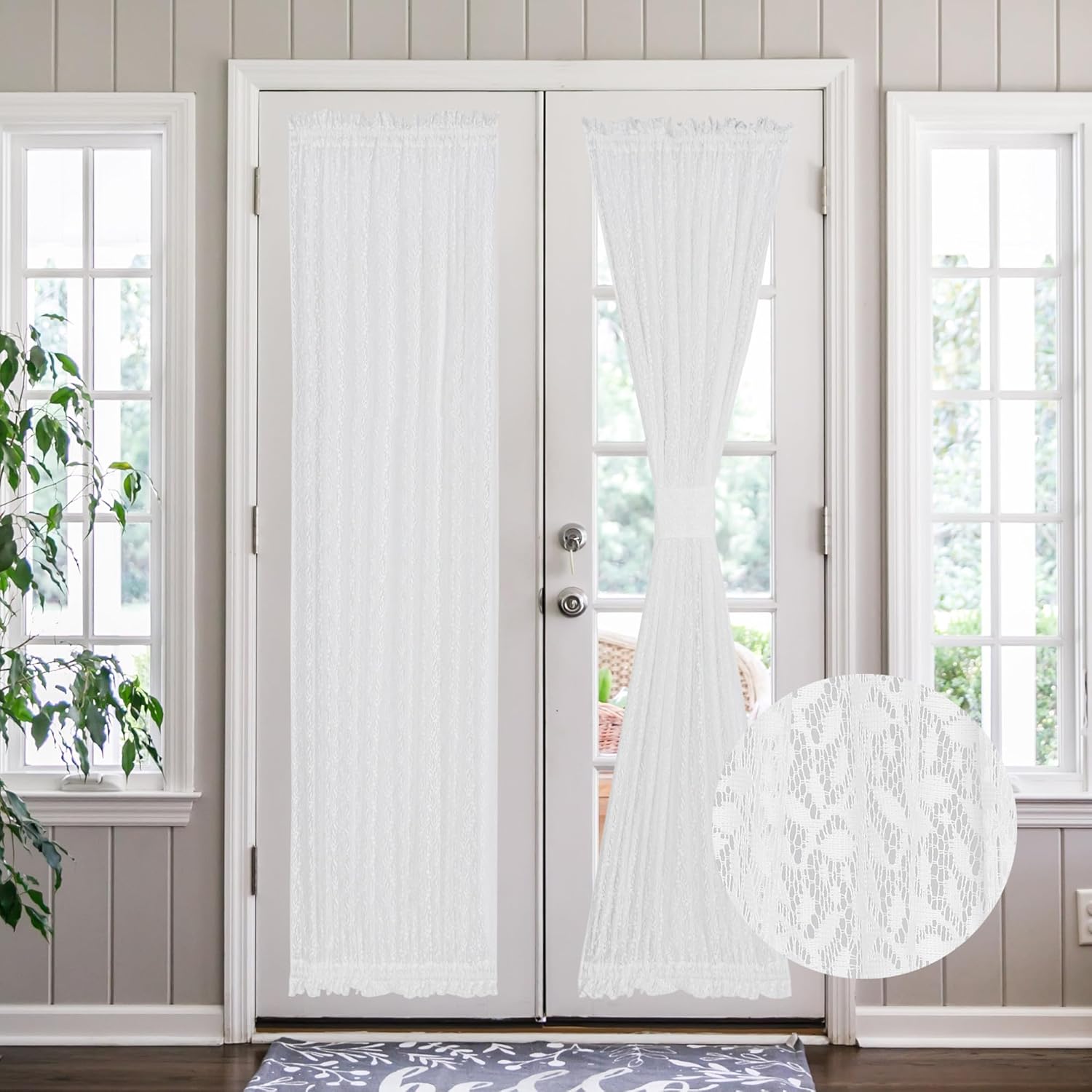 White Lace French Door Curtains with Tieback 52 x 72 Inch Panel