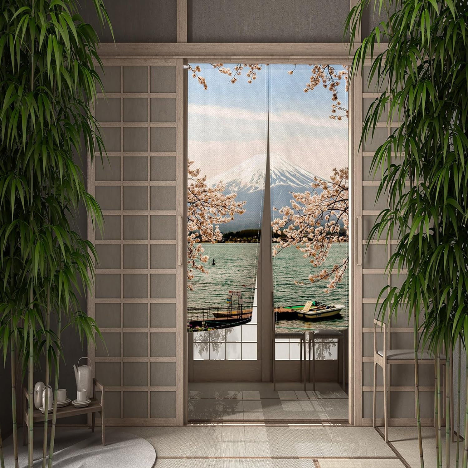 Leowefowa Pink Cherry Blossom Noren Door Curtain
