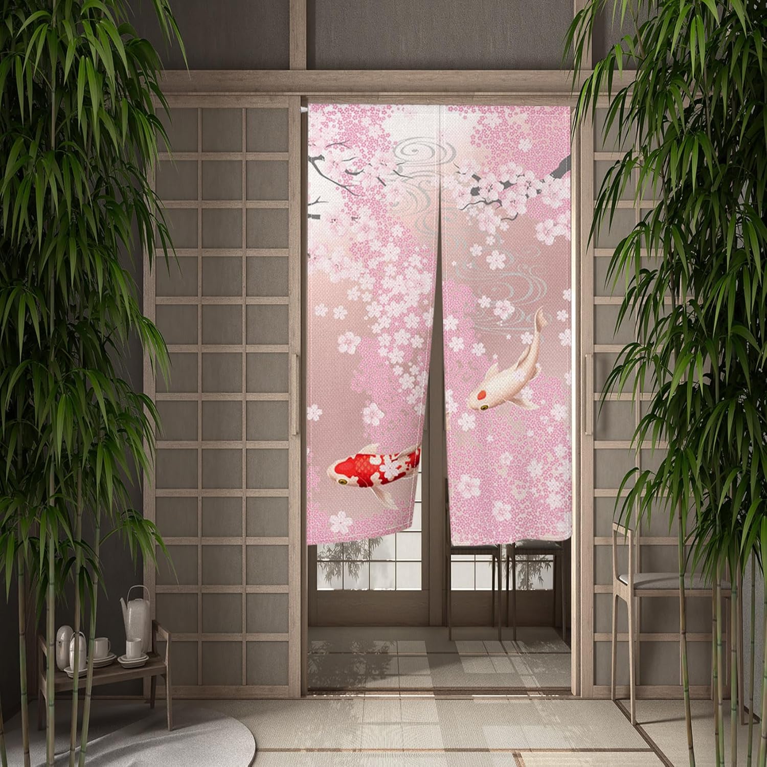 Japanese Pink Cherry Blossom Koi Noren Curtain 335x709