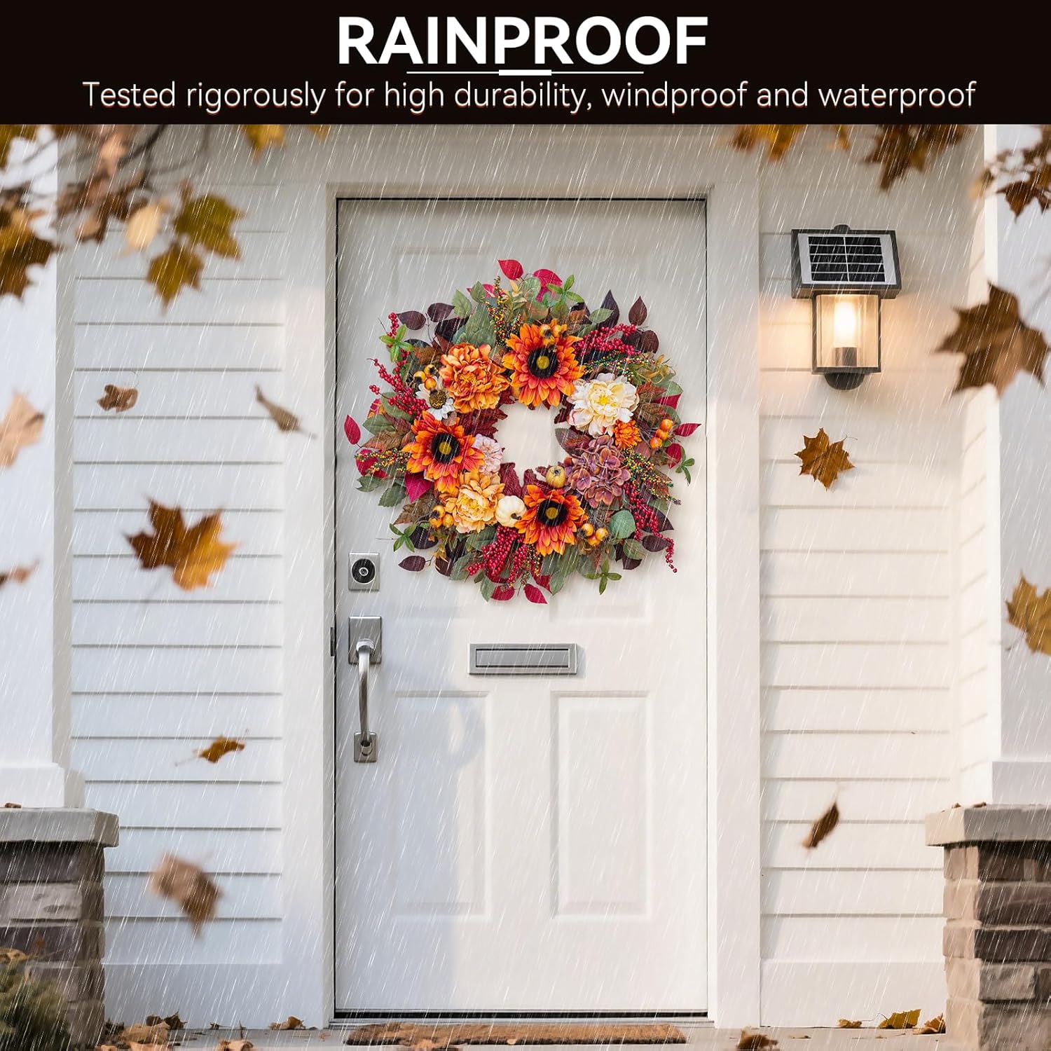 24 Inch Fall Door Wreath with Sunflowers Peonies White Pumpkins Eucalyptus Berries