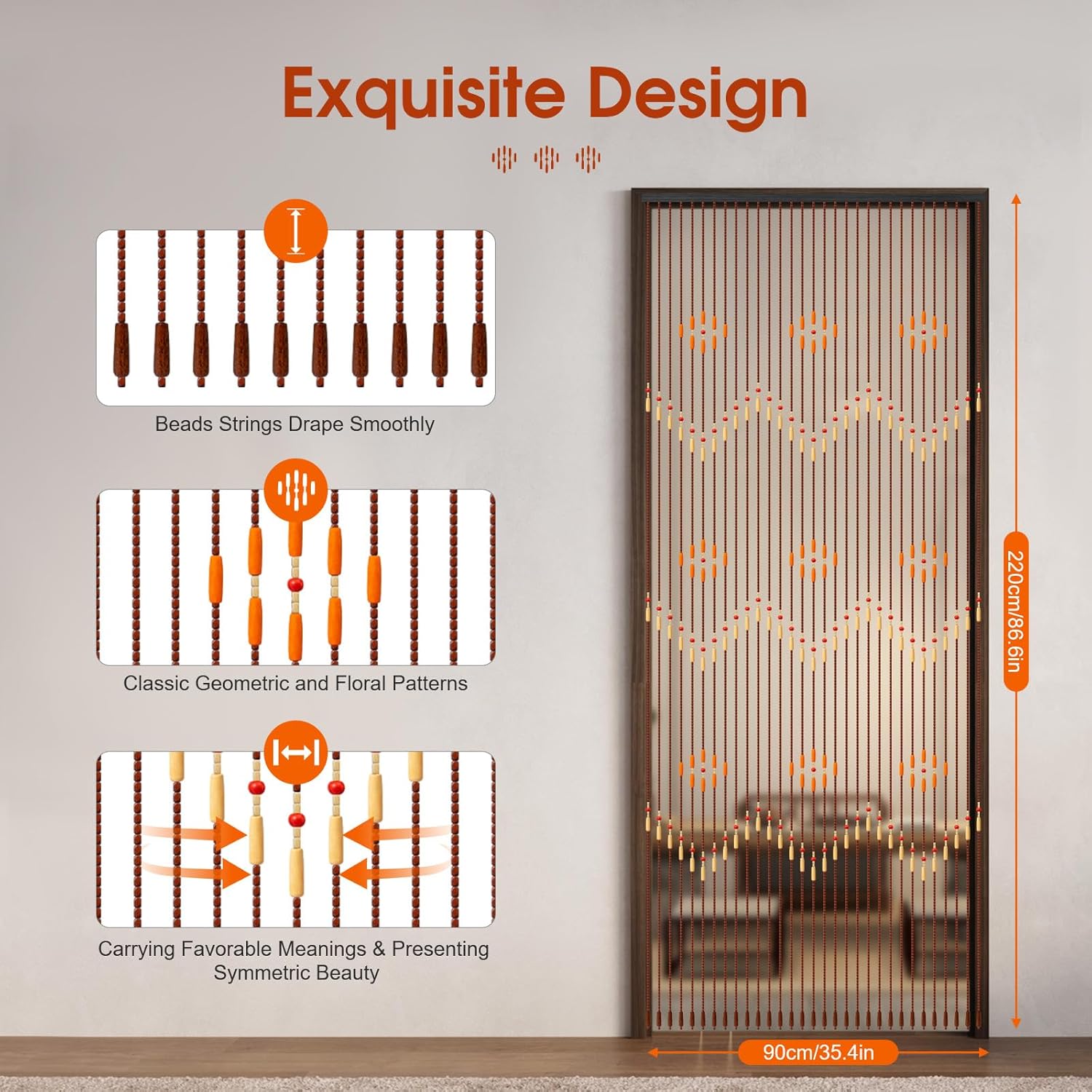 Wood Beaded Curtain for Doorway 31 Lines 354x866