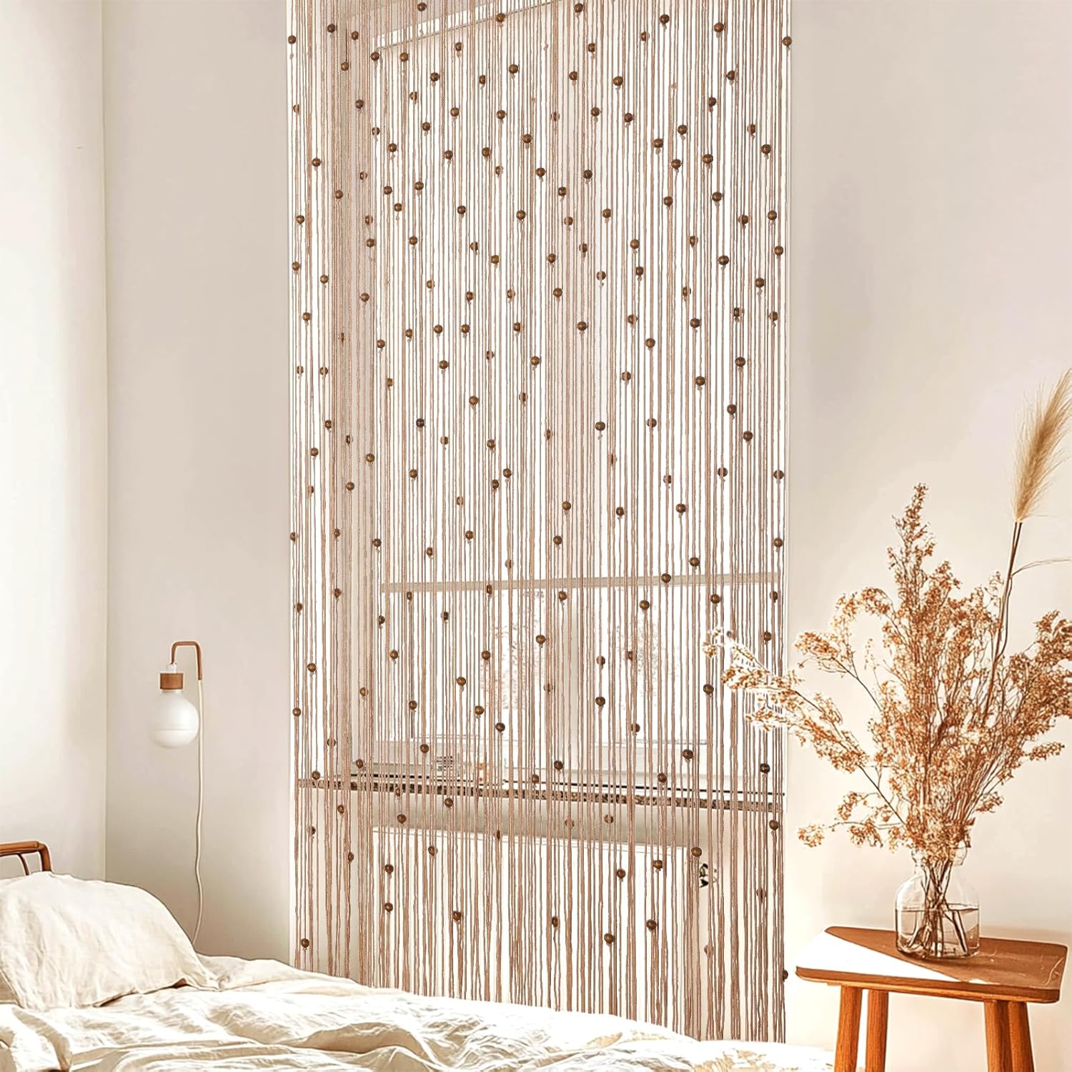 BECHAEO Boho Macrame Beaded Curtain with Wooden Beads Set of 2