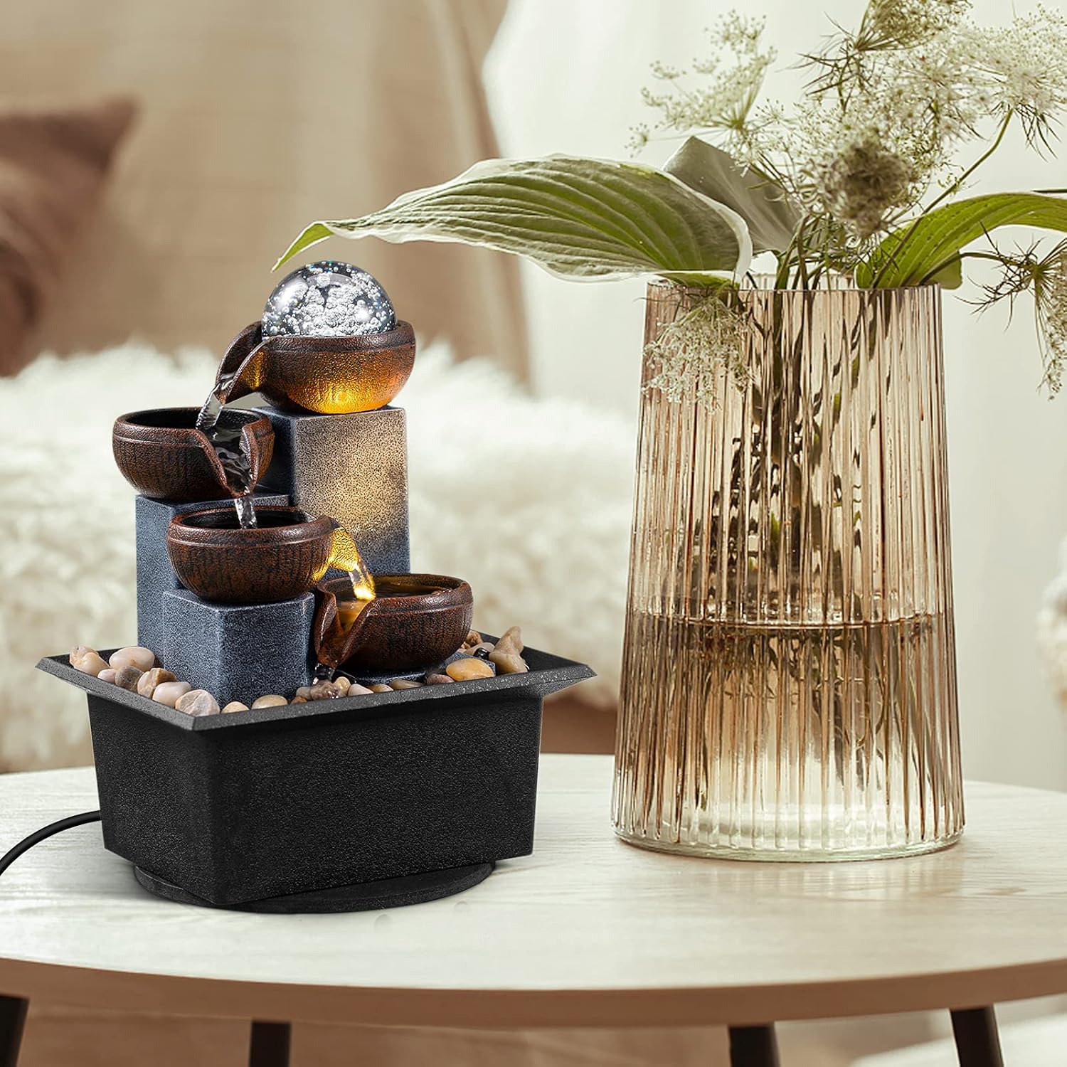 AMOOTEK Tabletop Fountain 4 Level Waterfall with LED Lights and Natural River Rocks