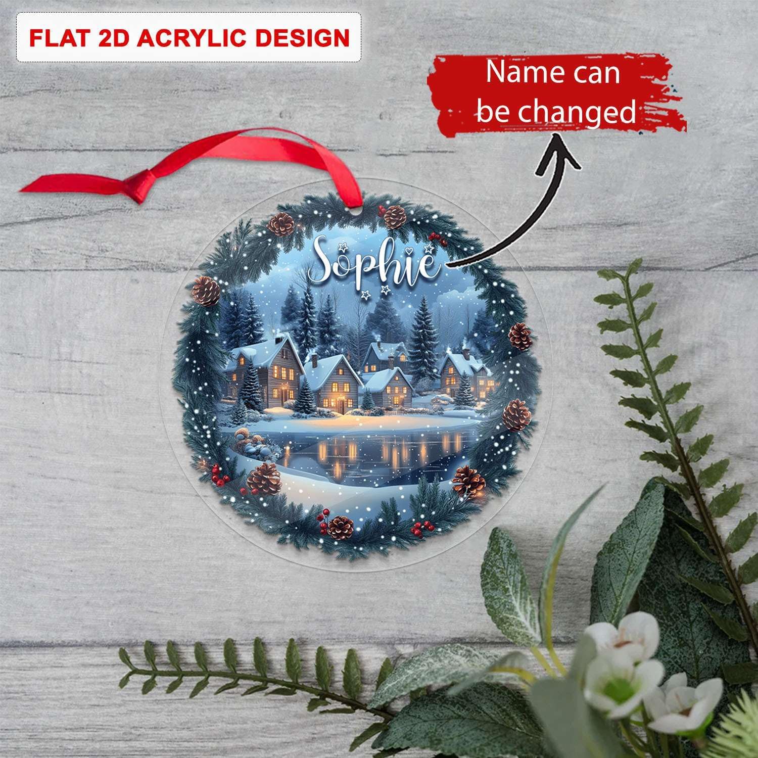 Custom Name Winter Village Scene Acrylic Ornament