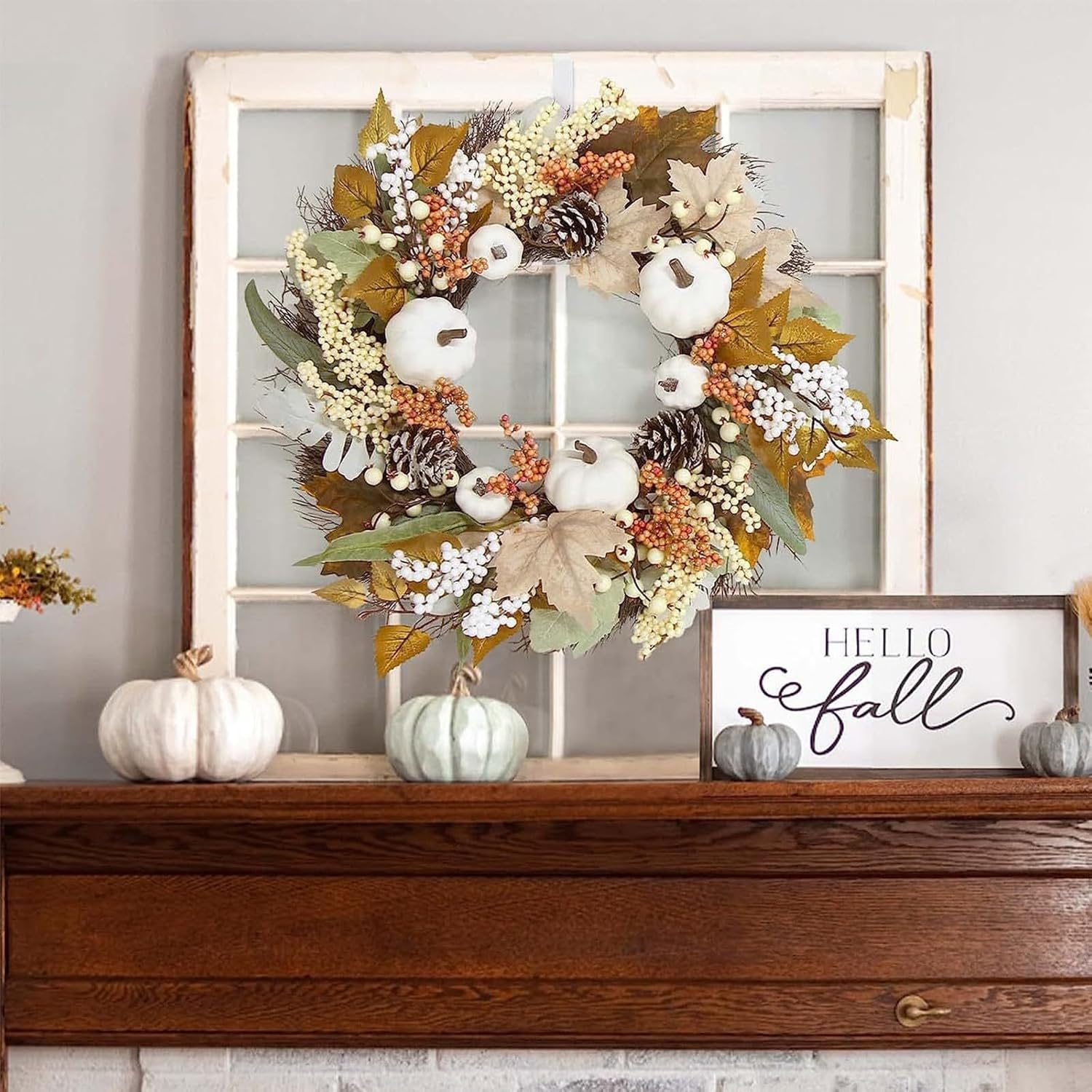Ochine Fall Wreath Artificial White Pumpkin Wreath