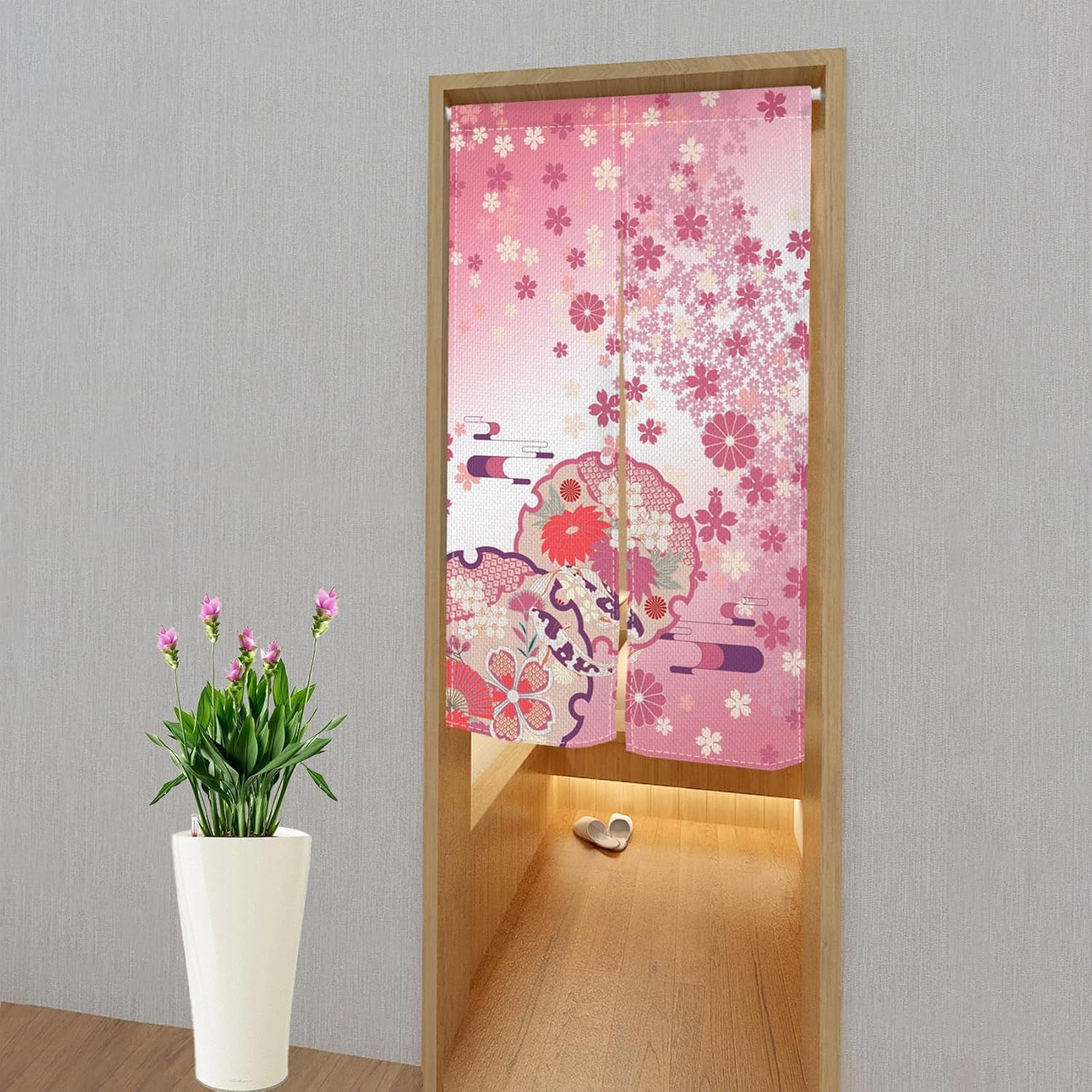Japanese Pink Bloomy Flower Door Curtain Panel