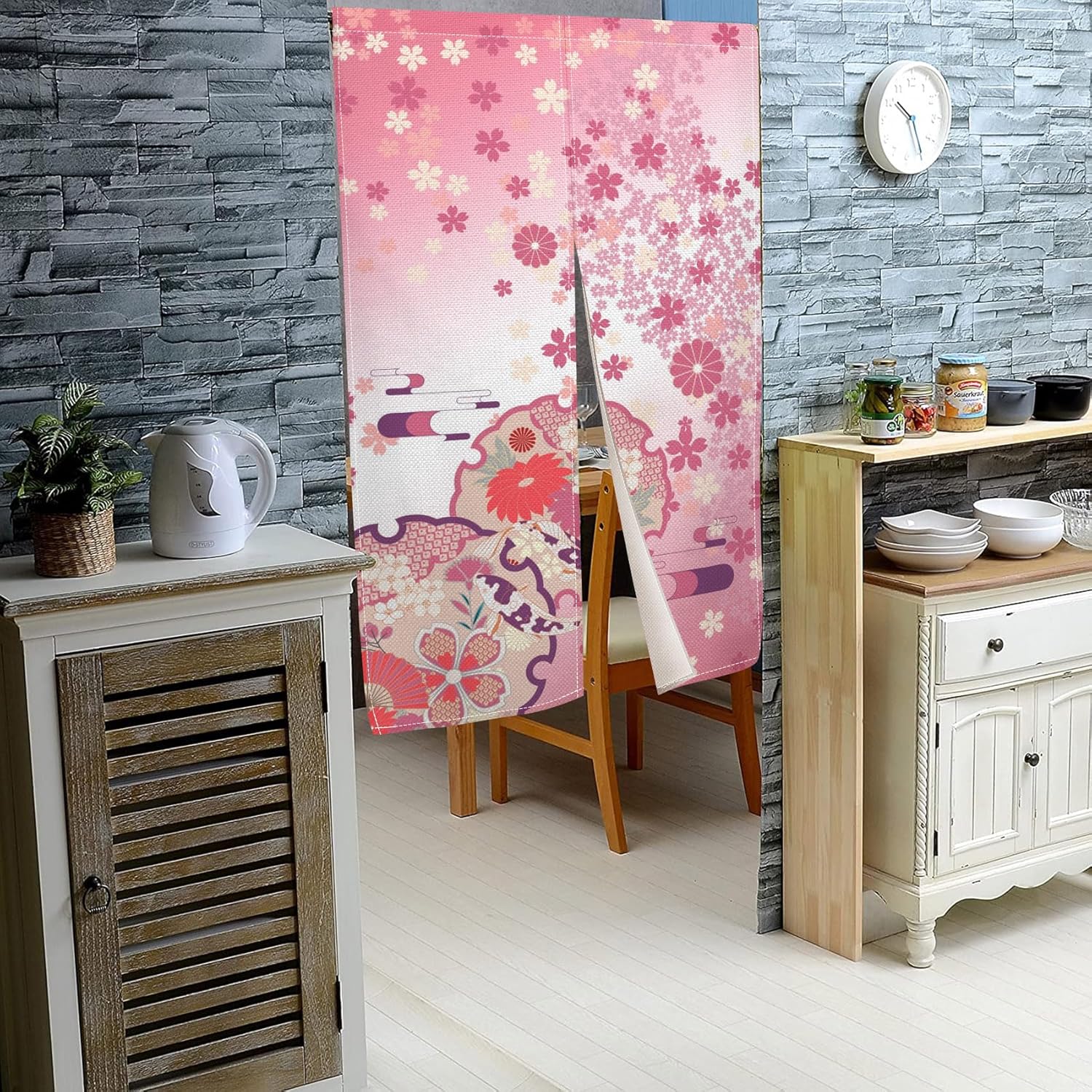Japanese Pink Bloomy Flower Door Curtain Panel
