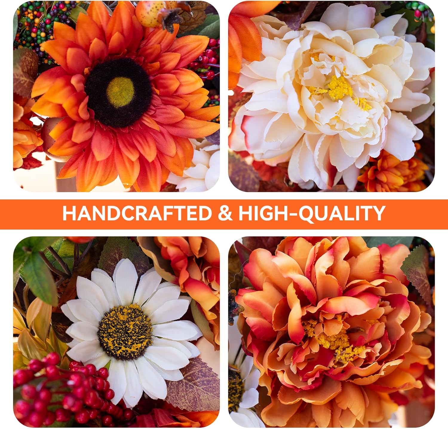 24 Inch Fall Door Wreath with Sunflowers Peonies White Pumpkins Eucalyptus Berries
