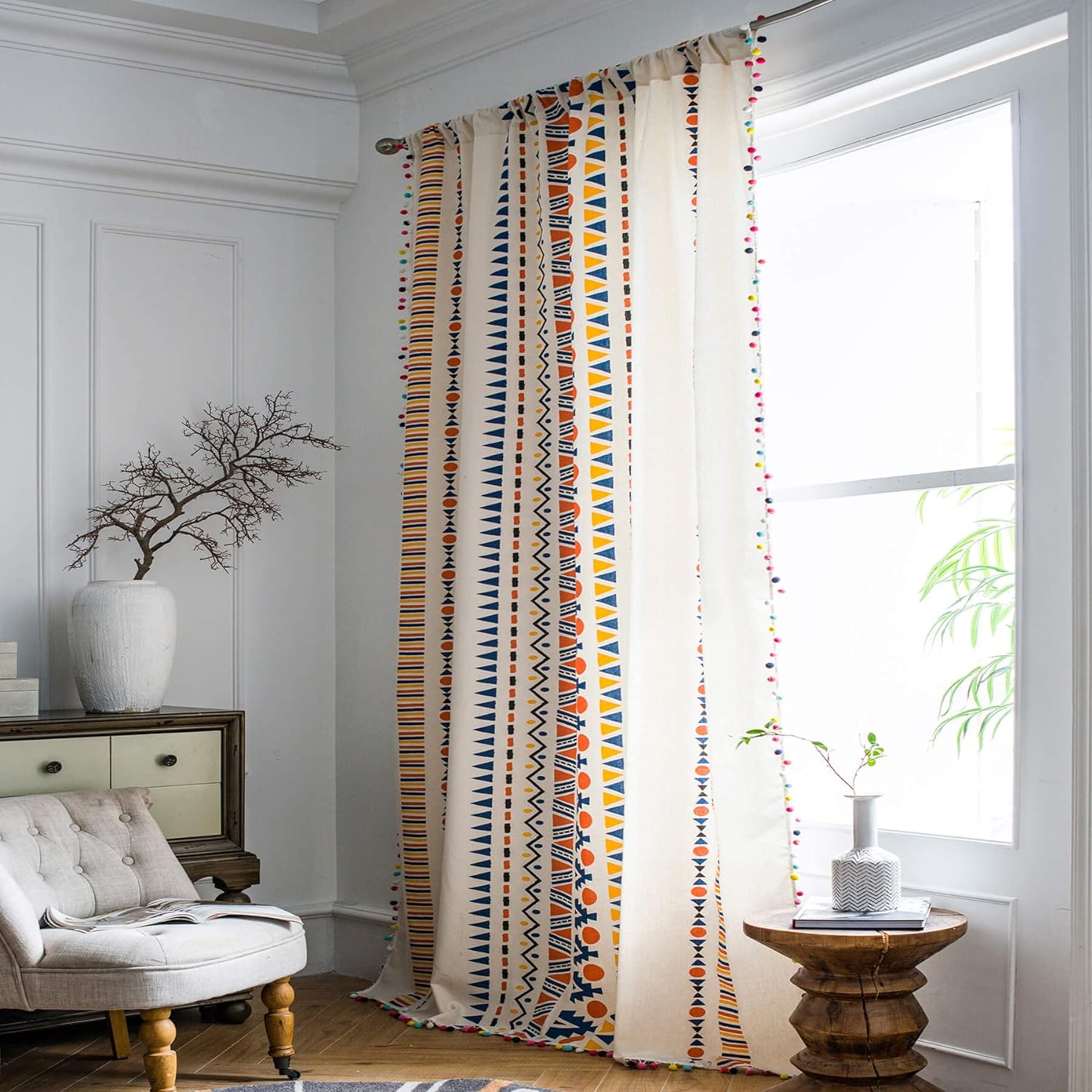 VOGOL Cotton Linen Pom Pom Tasseled Curtains 59x79 Inches