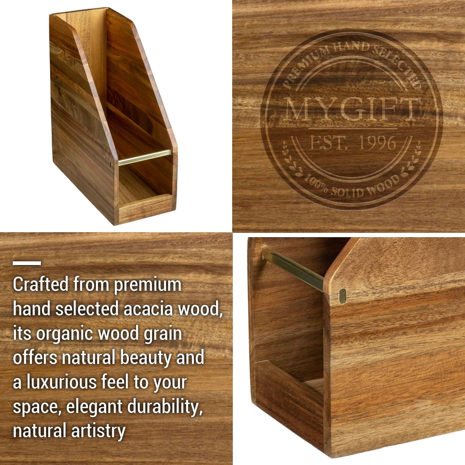 MyGift Premium Hotel Series Acacia Wood Magazine Holder with Brass Tone Metal Accent