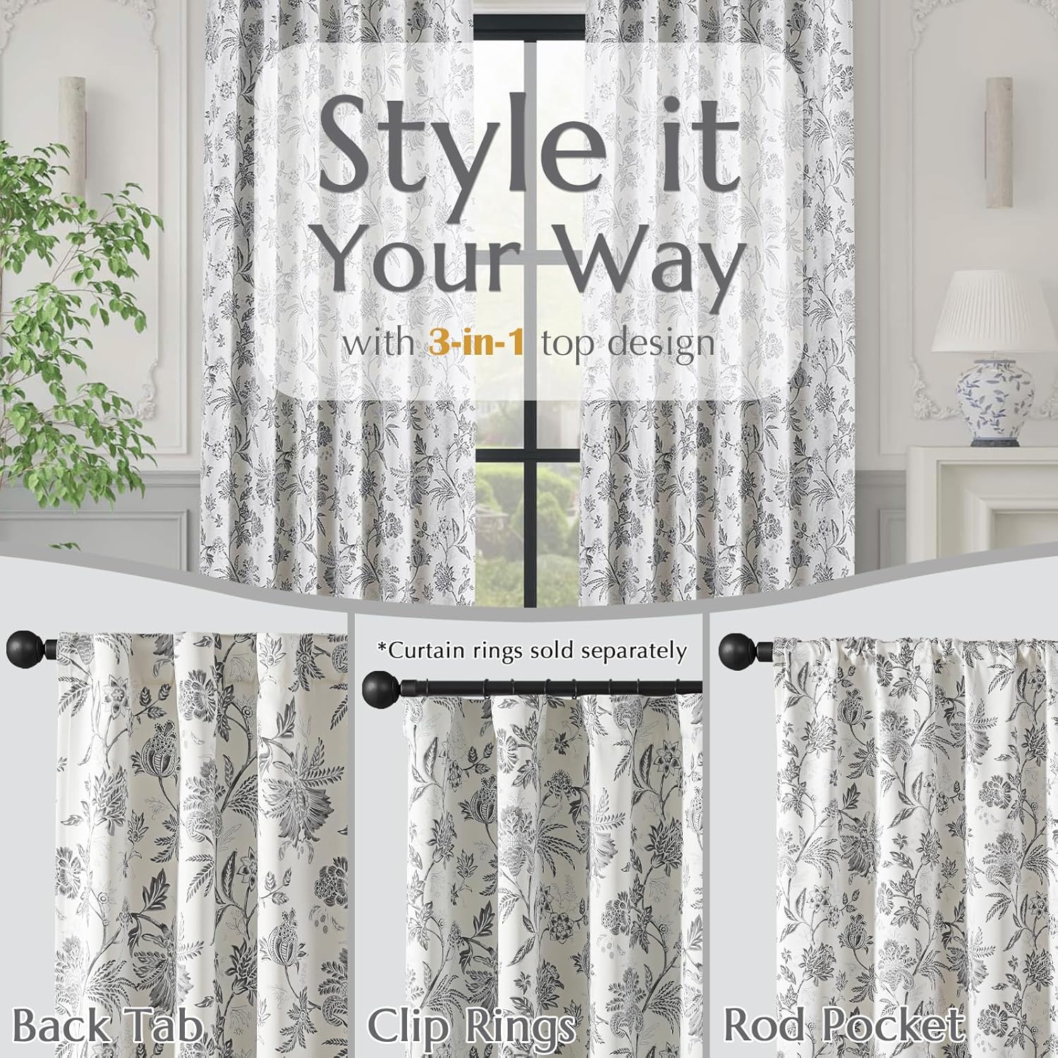 Vangao Floral Blackout Curtains 84 Inches 2 Panels