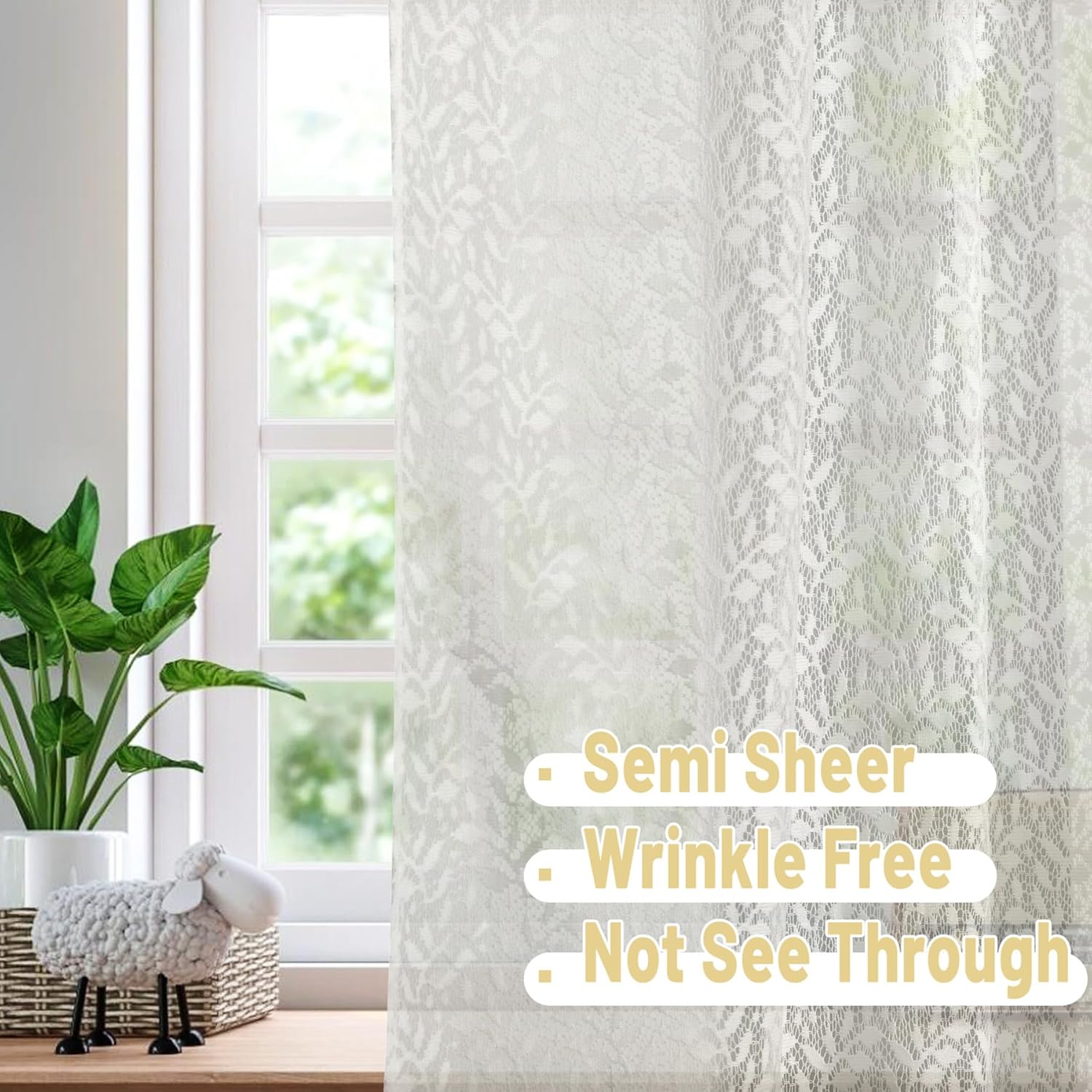White Lace French Door Curtains with Tieback 52 x 72 Inch Panel