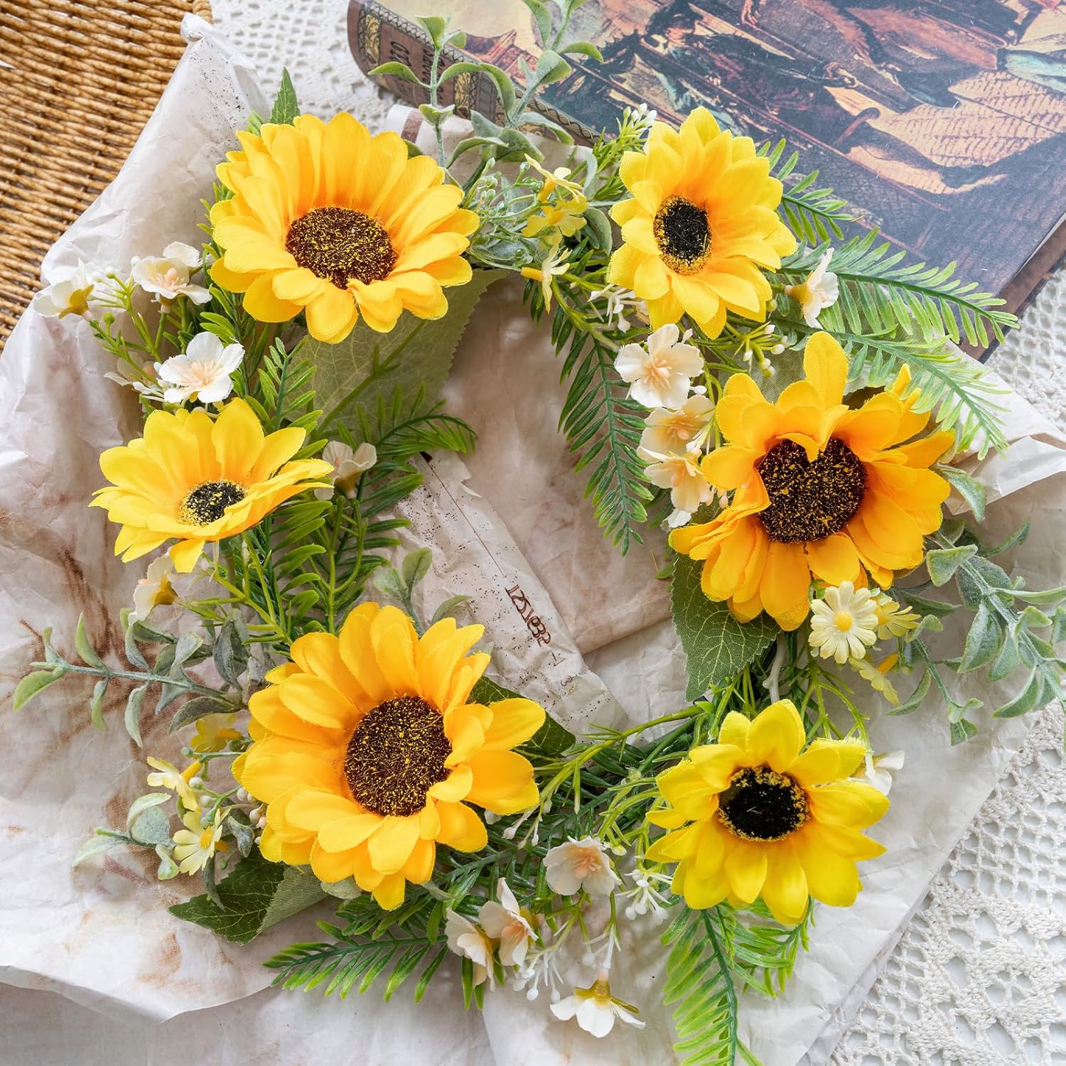 KHOYIME 13 Inch Sunflower Door Wreath All Season Decor