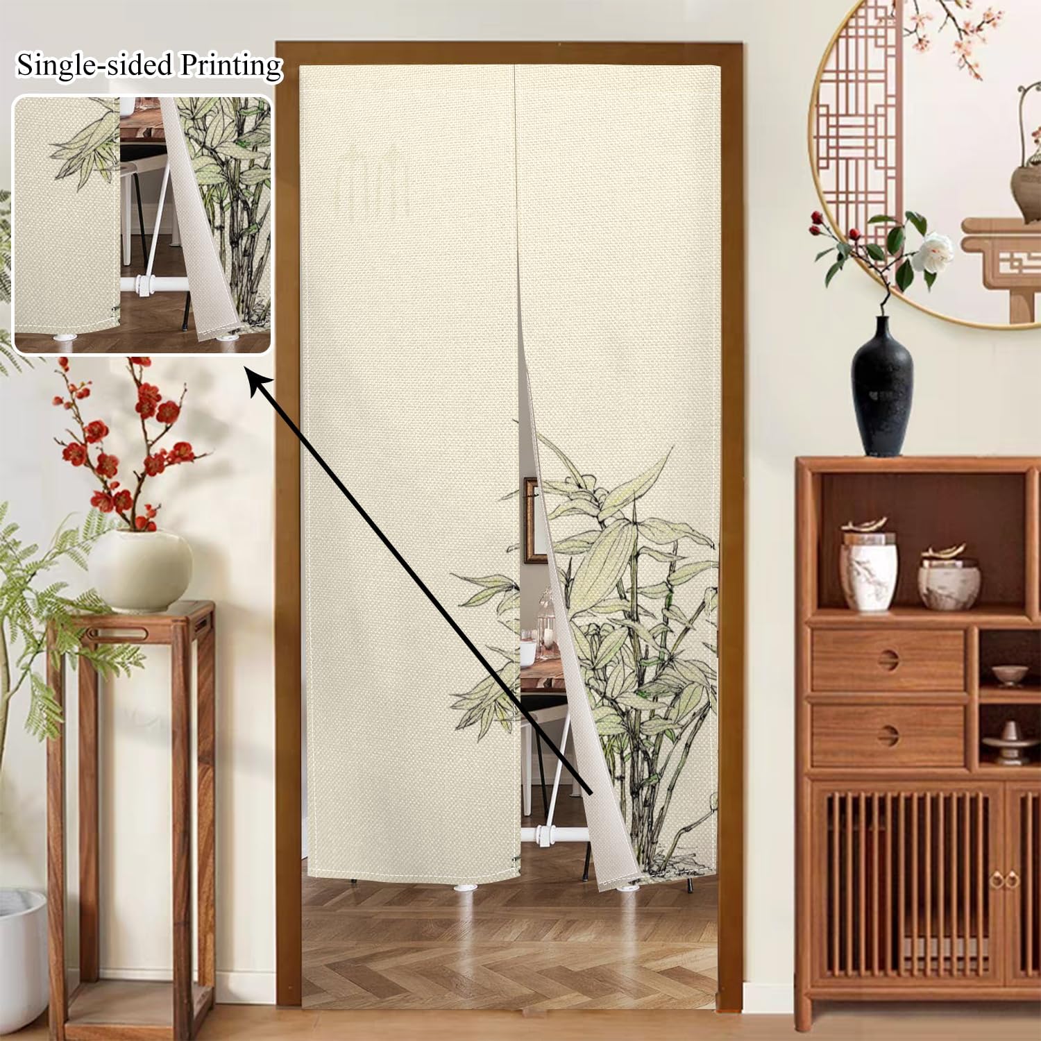 Japanese Doorway Curtain with Green Plants Print