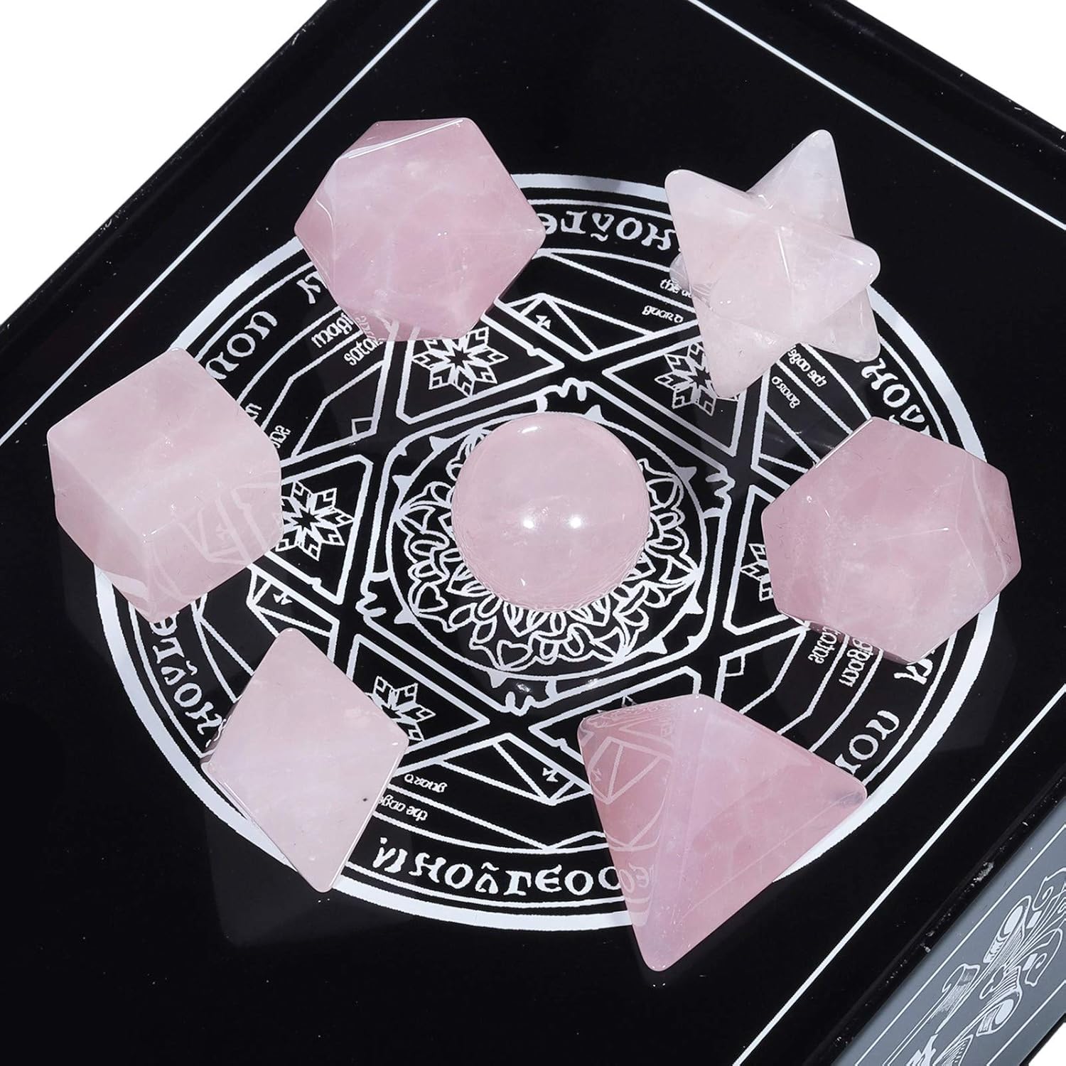 Amogeeli Platonic Solids Sacred Geometry Set with Merkaba Star and Rose Quartz