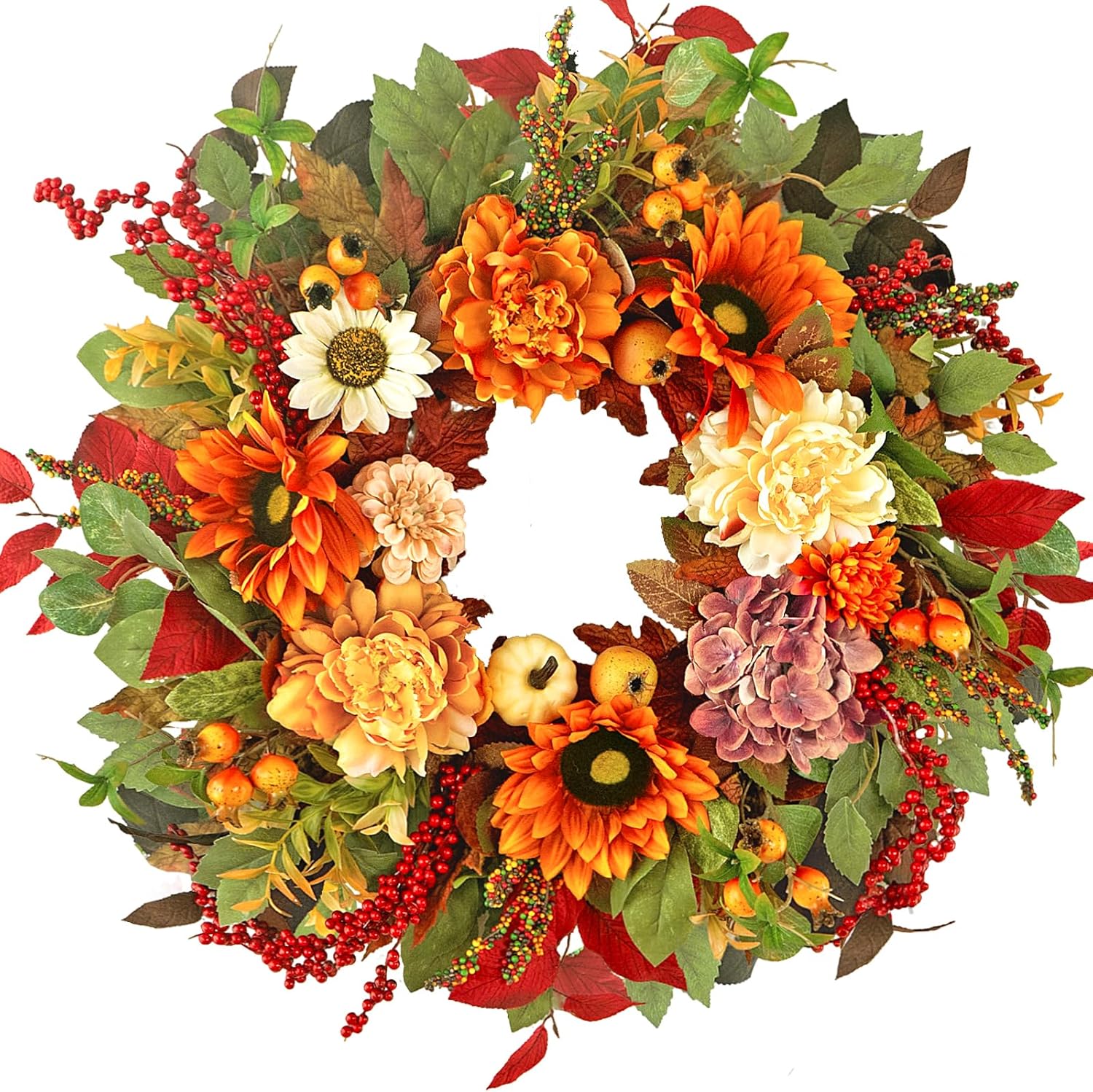 24 Inch Fall Door Wreath with Sunflowers Peonies White Pumpkins Eucalyptus Berries