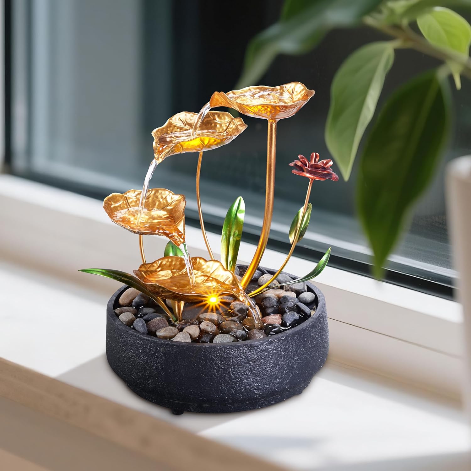 Metal Lotus Circulating Tabletop Fountain for Zen Home Decor