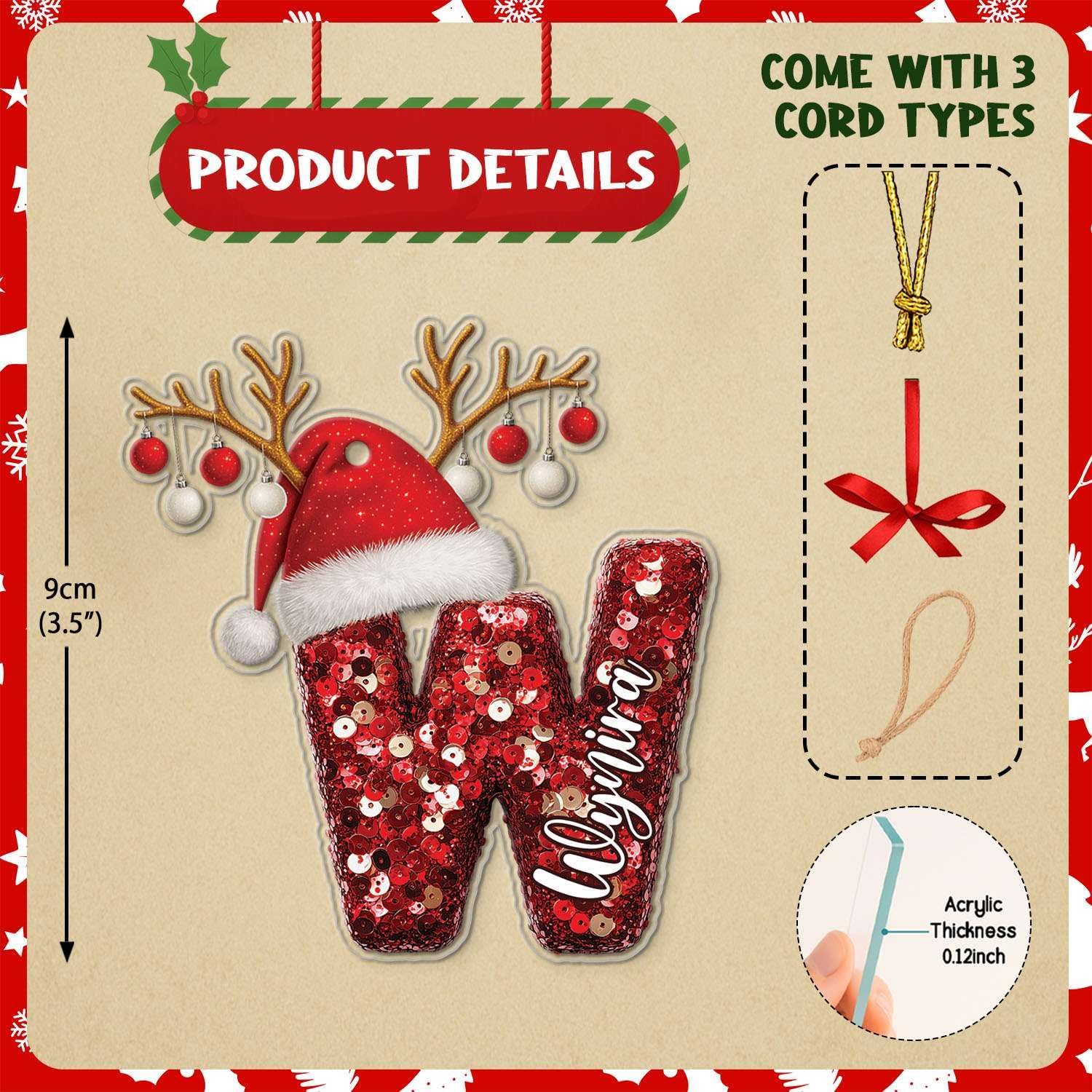 Personalized W Acrylic Ornament with Santa Hat Design