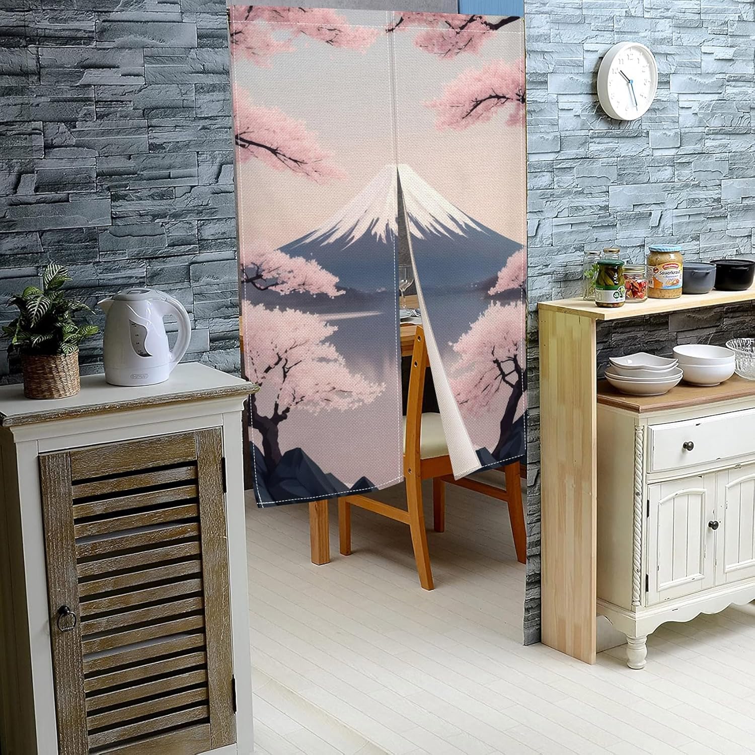 Leowefowa Japanese Noren Door Curtain Panel Fuji Mountain Pink