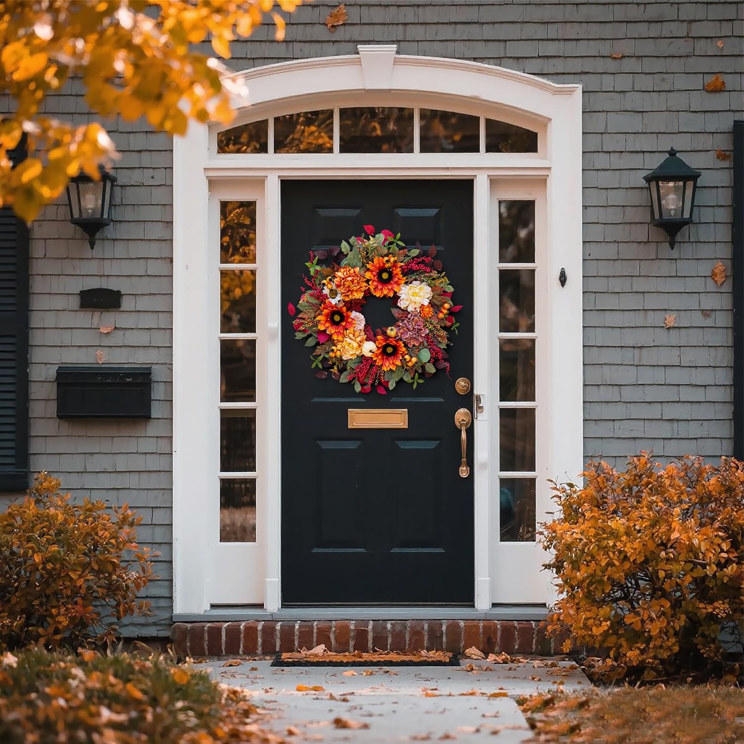 24 Inch Fall Door Wreath with Sunflowers Peonies White Pumpkins Eucalyptus Berries