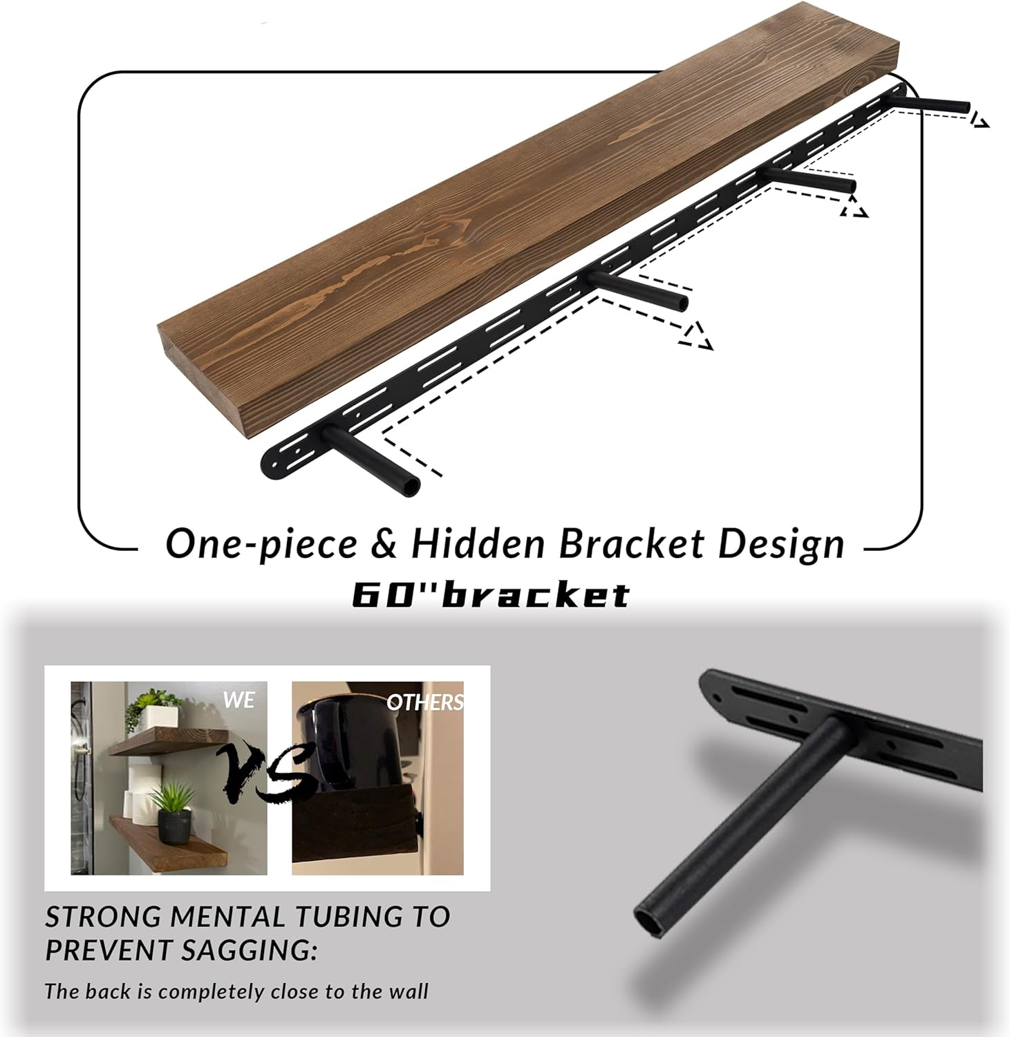 Rustic Floating Shelves 60 Inch Set of 2 Walnut
