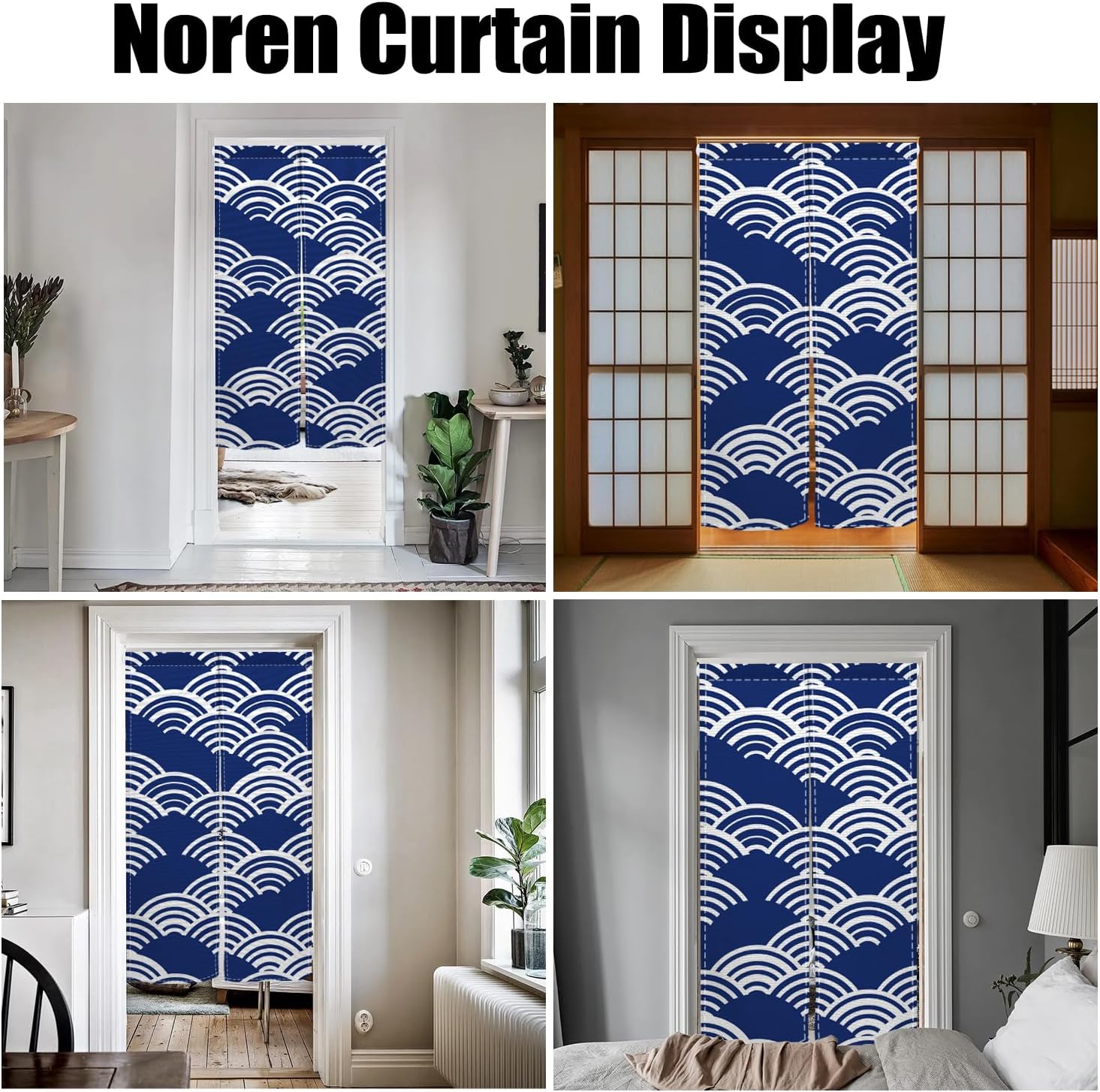 Japanese Modern Noren Door Curtain Wave Pattern Blue 335x709