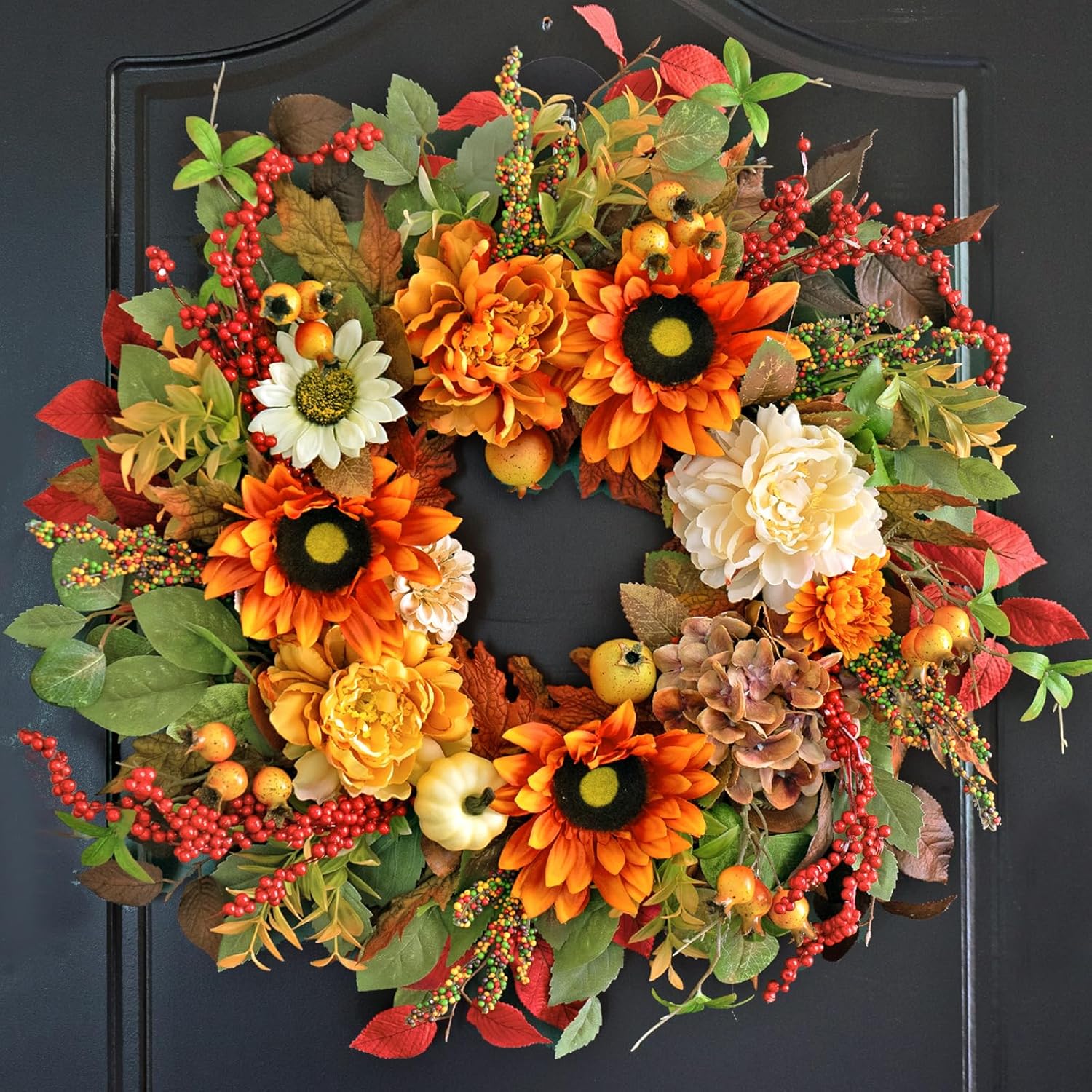 24 Inch Fall Door Wreath with Sunflowers Peonies White Pumpkins Eucalyptus Berries