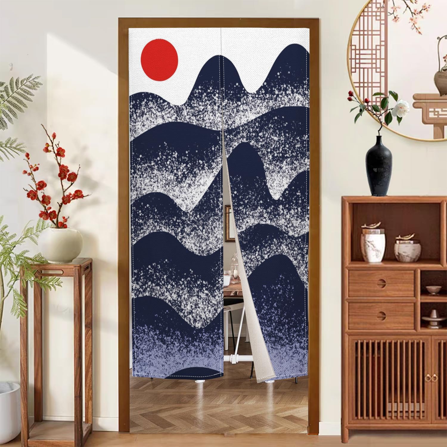 Traditional Japanese Noren Door Curtain with Sunset Mountain Design