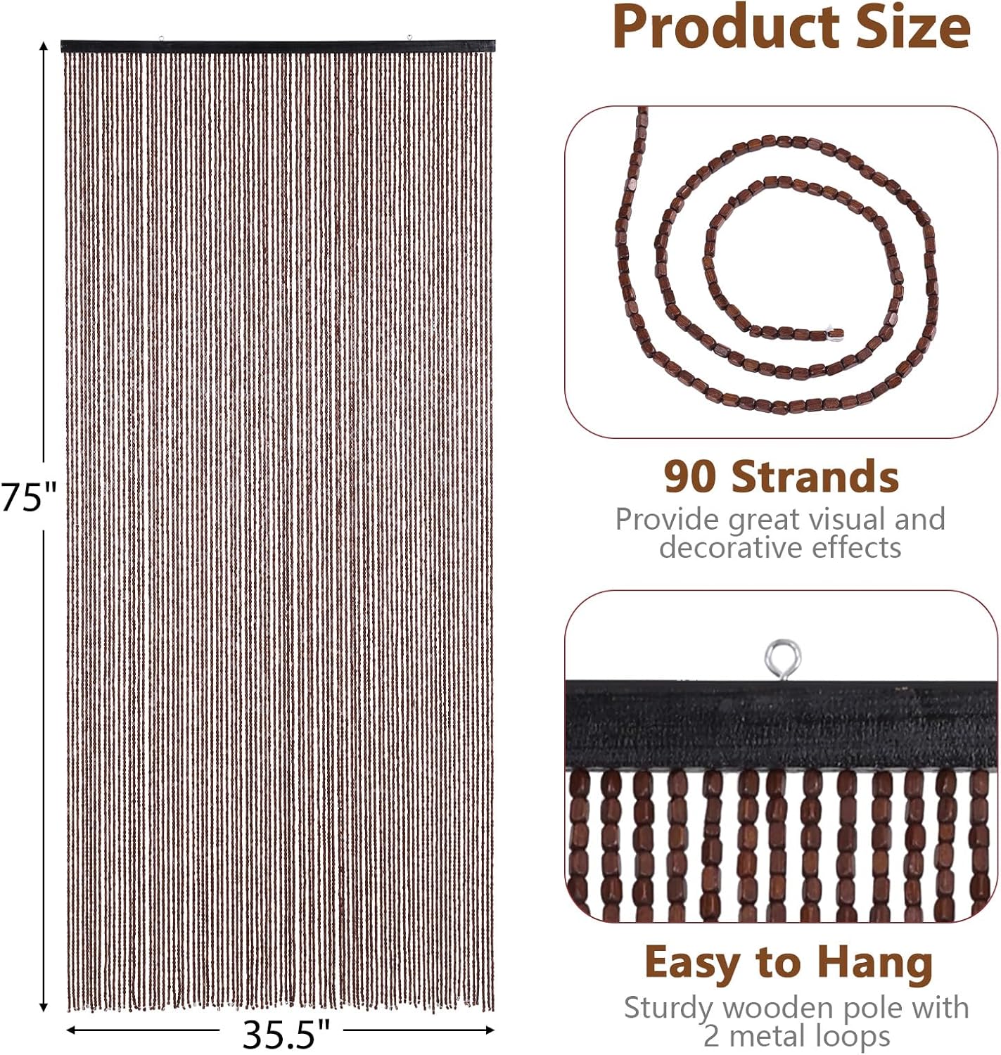 BECHAEO Bamboo Beaded Curtain 90 Strands Brown