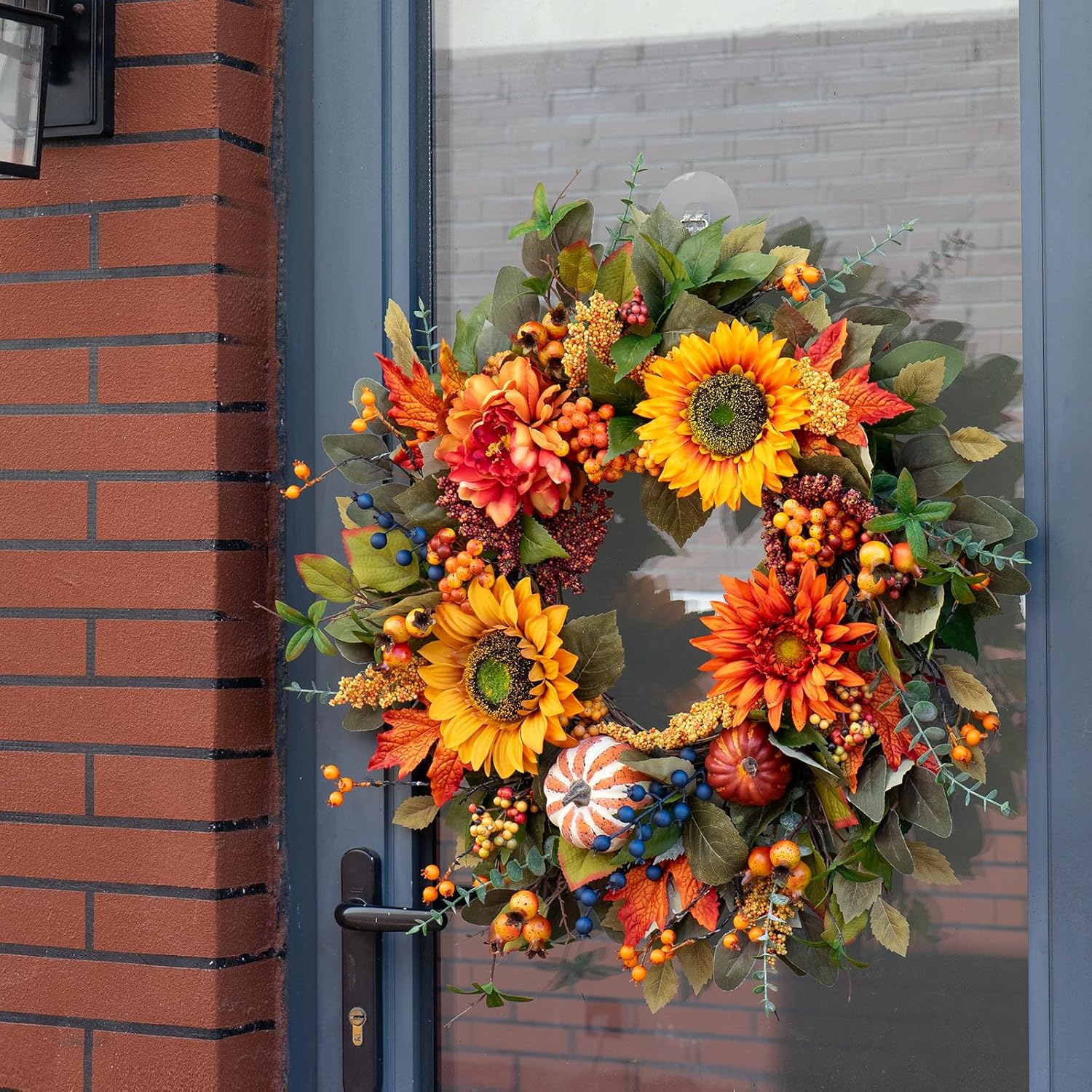 24 Inch Fall Wreath with Pumpkins and Maple Leaves