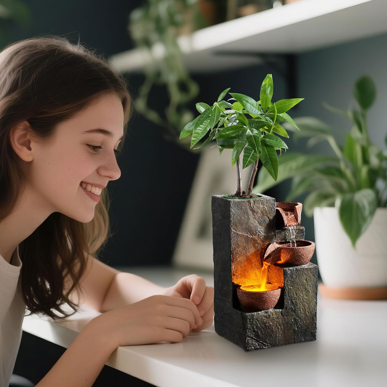 Elegant 3-Tier Rock Fountain with Waterfall Sound and LED Light