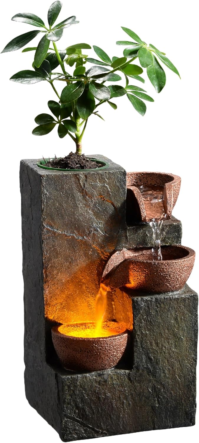 Elegant 3-Tier Rock Fountain with Waterfall Sound and LED Light