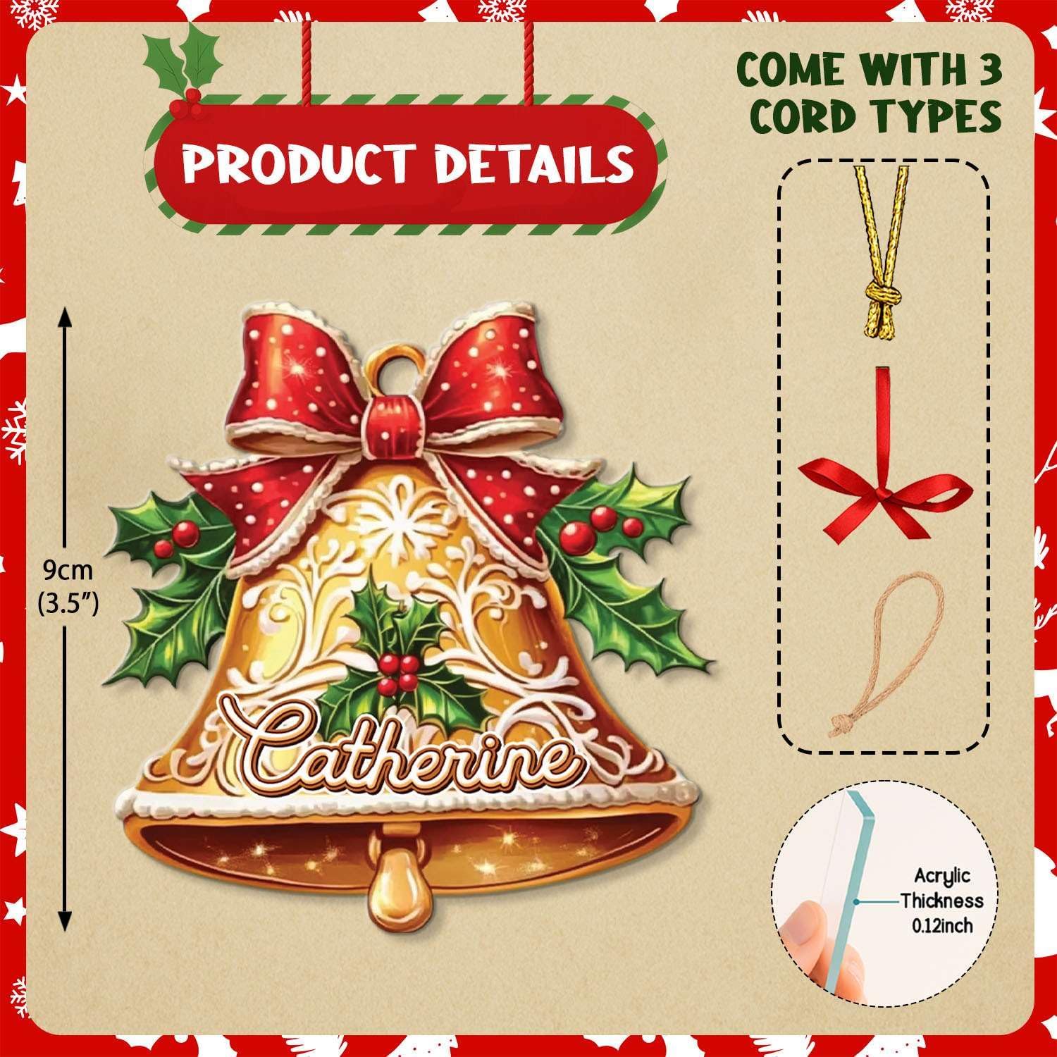Personalized 2D Bell And Red Bow Christmas Ornament
