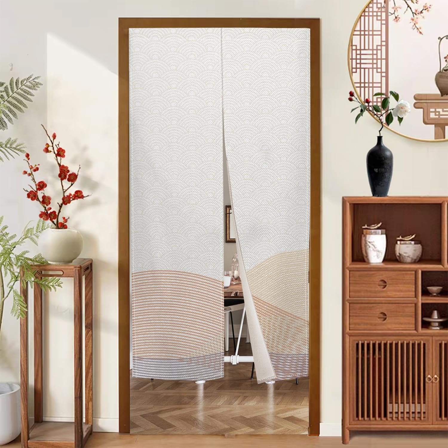 Japanese Noren Door Curtain Khaki Wave Design