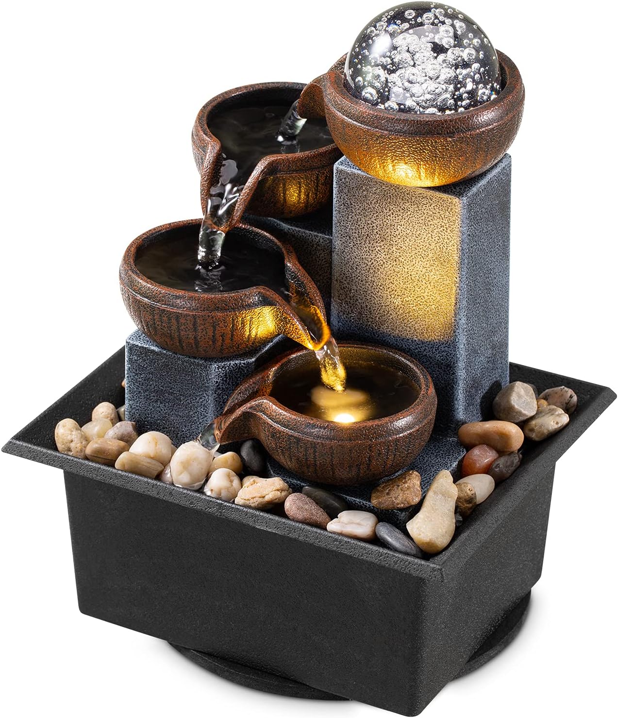 AMOOTEK Tabletop Fountain 4 Level Waterfall with LED Lights and Natural River Rocks