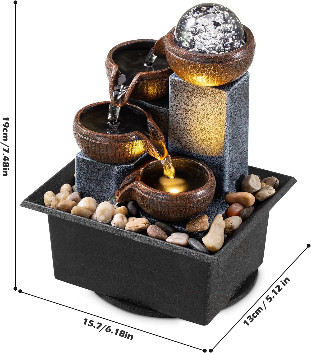 AMOOTEK Tabletop Fountain 4 Level Waterfall with LED Lights and Natural River Rocks