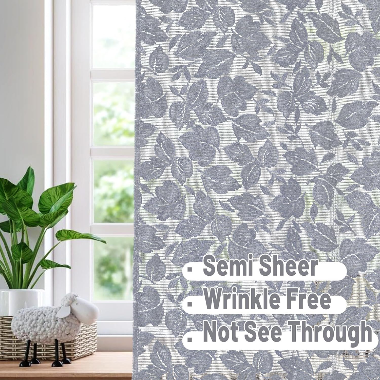 Grey Leaf Lace French Door Curtains 72 2 Pack