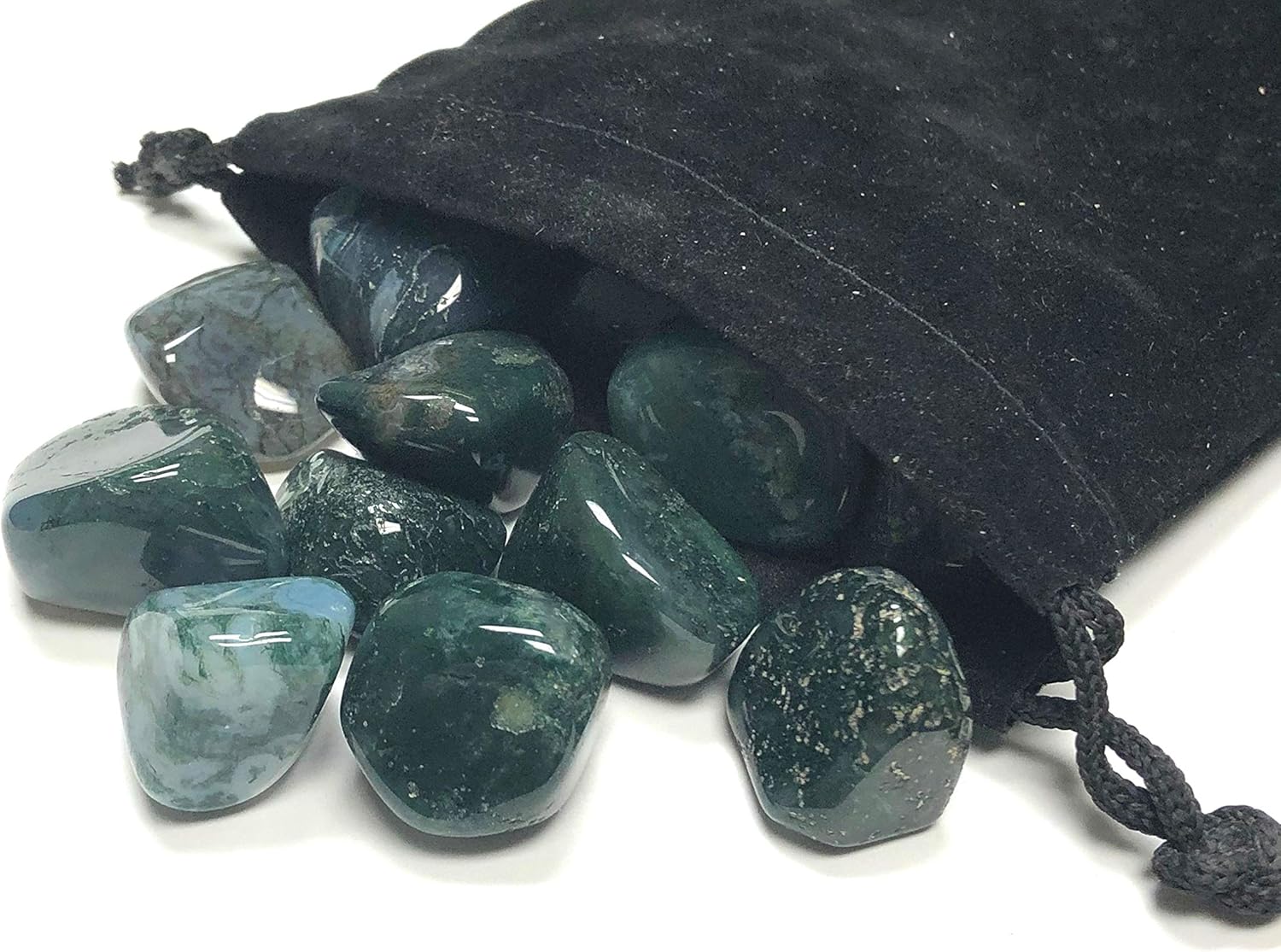 Tumbled Green Moss Agate Stones - 1 Inch in Velvet Bag