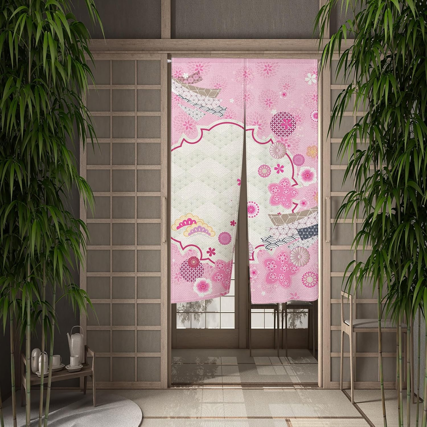 Traditional Japanese Noren Curtain Pink Flowers 335x709 Inch