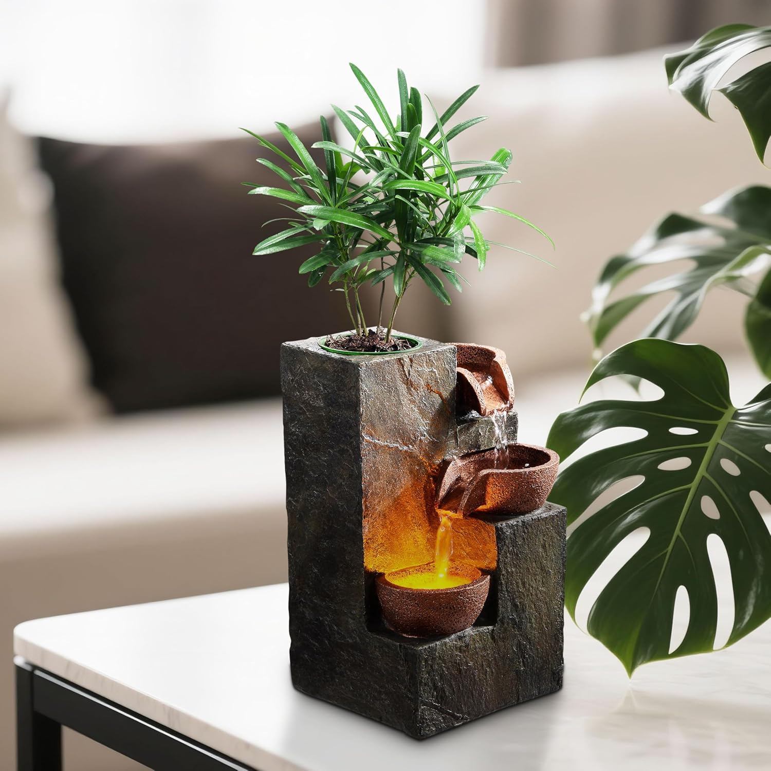 Elegant 3-Tier Rock Fountain with Waterfall Sound and LED Light